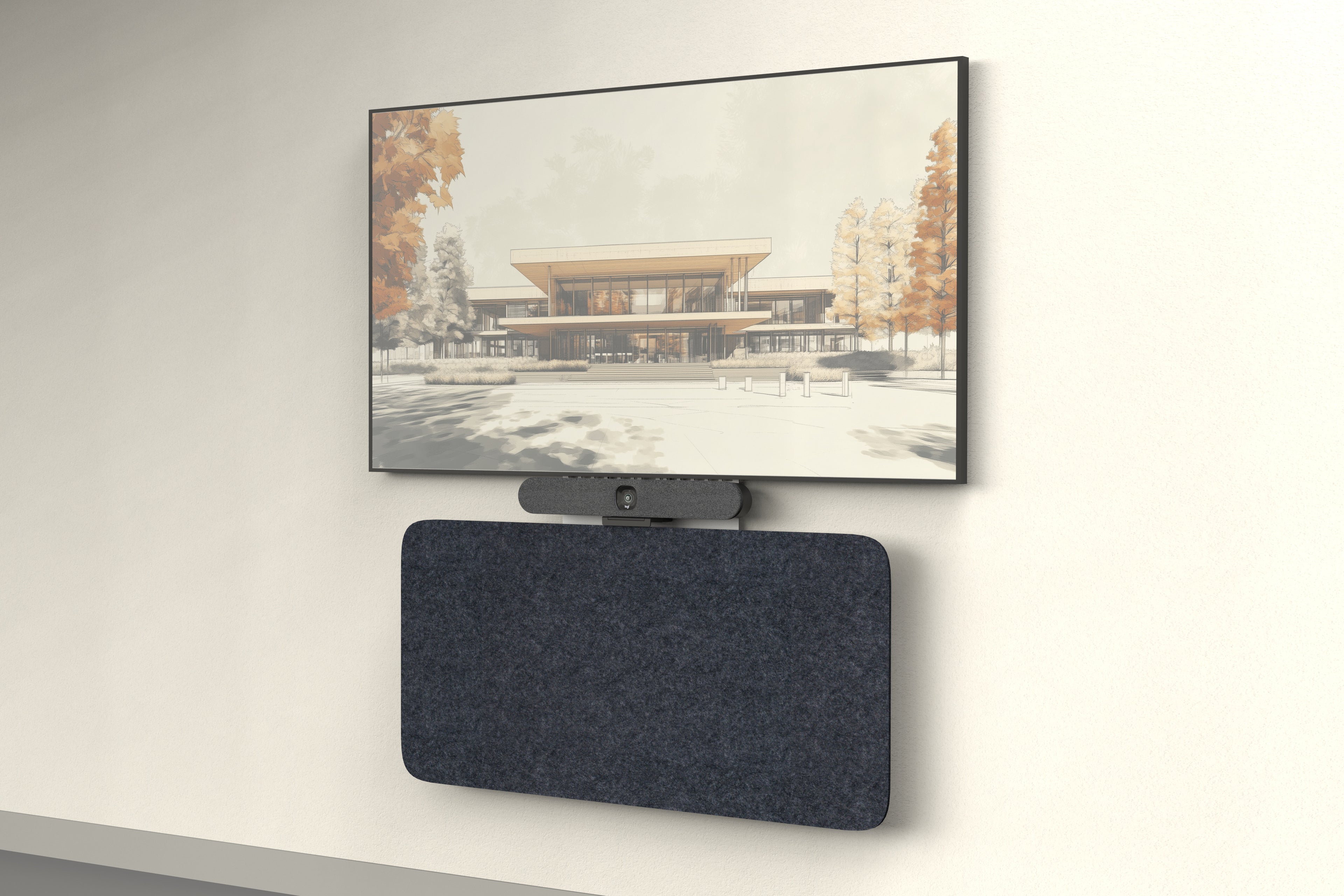 Heckler Credenza Neo wall-mounted in charcoal acoustic felt below a conference room display and video bar — angled view of the AV credenza in a modern office.