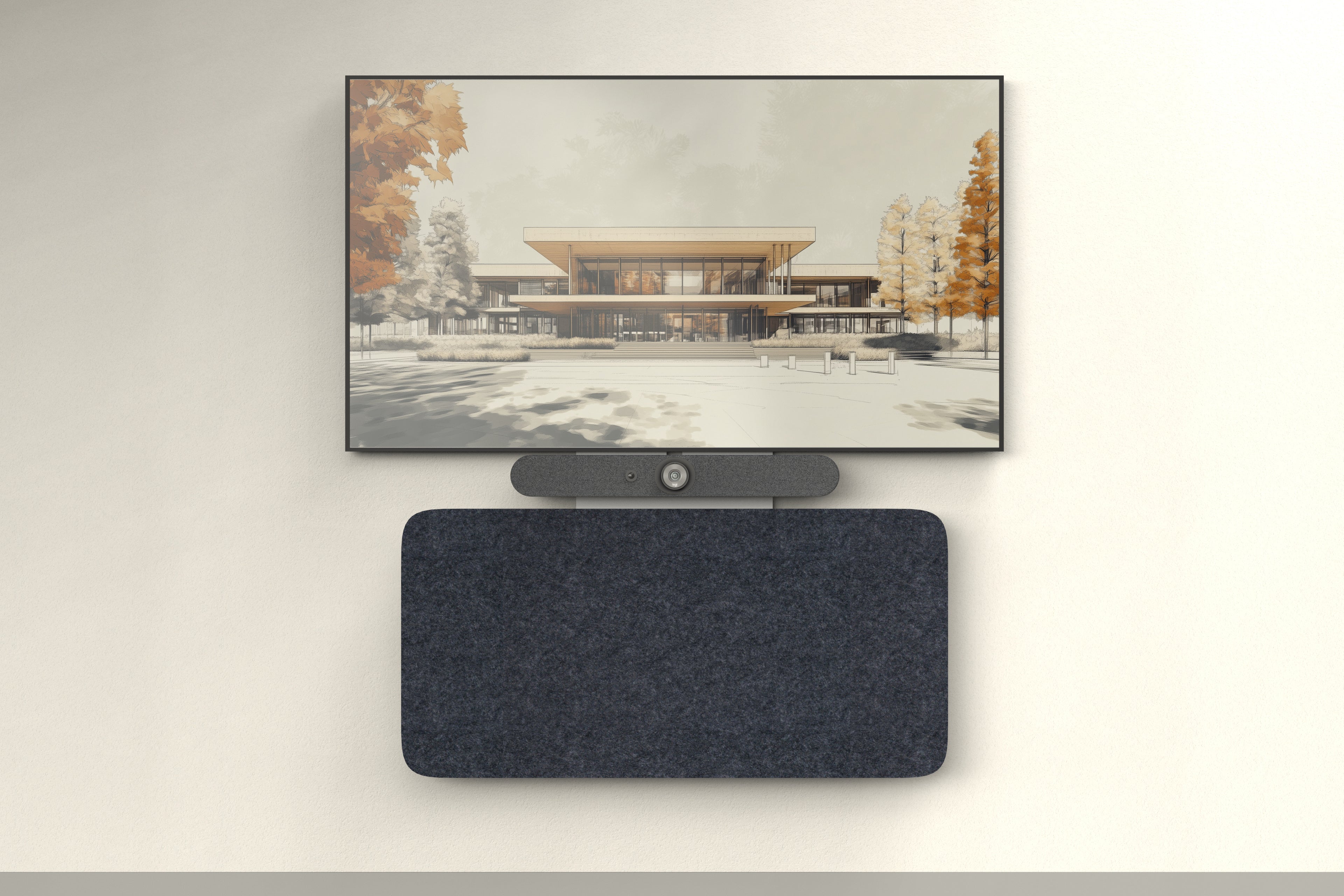 Heckler Credenza Neo in charcoal felt below a wall-mounted conference room display with a video bar — concealing AV equipment in a modern meeting space.