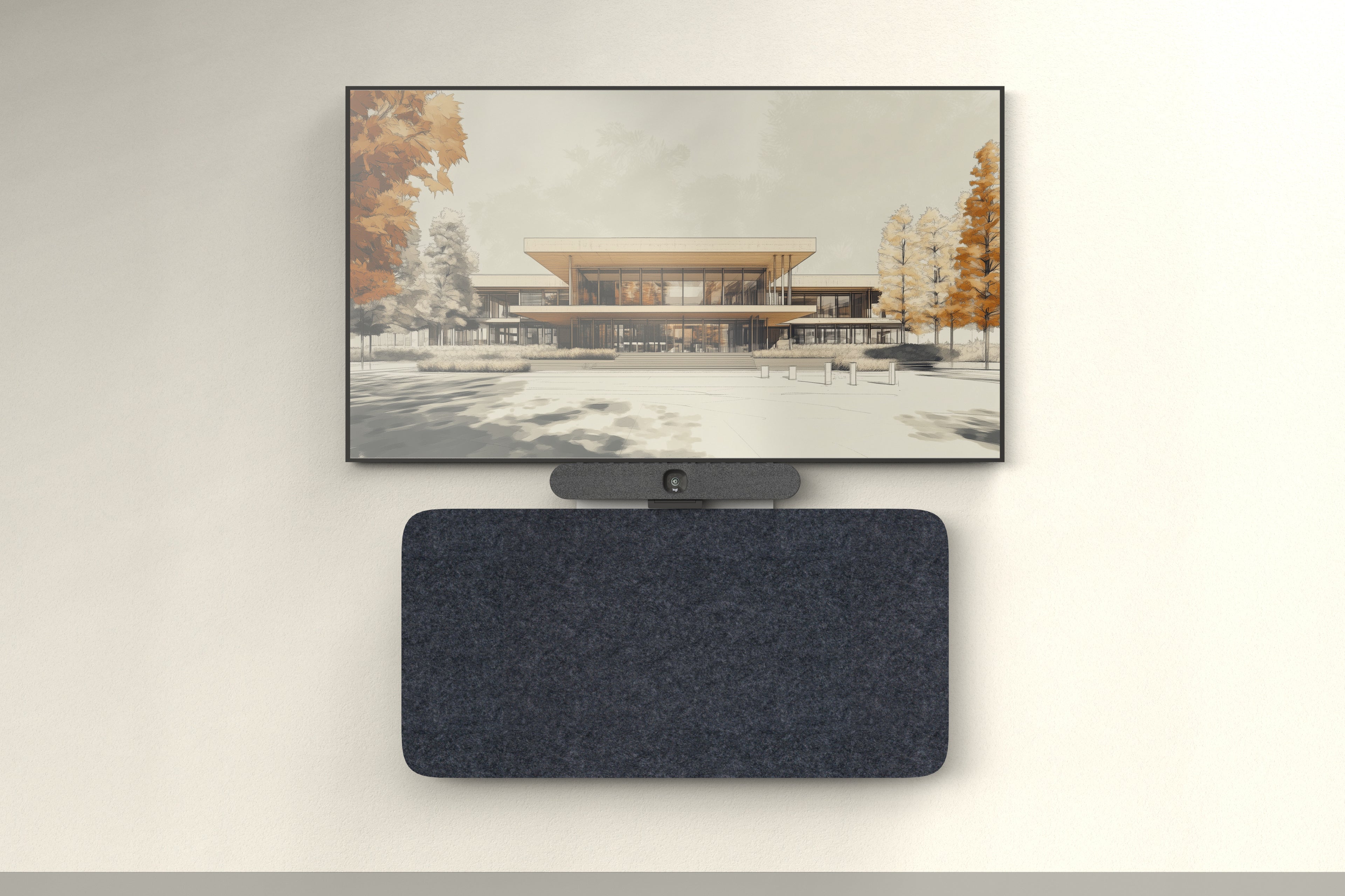 Heckler Credenza Neo in charcoal felt beneath a conference room display with integrated video bar — front view of the wall-mounted AV credenza.