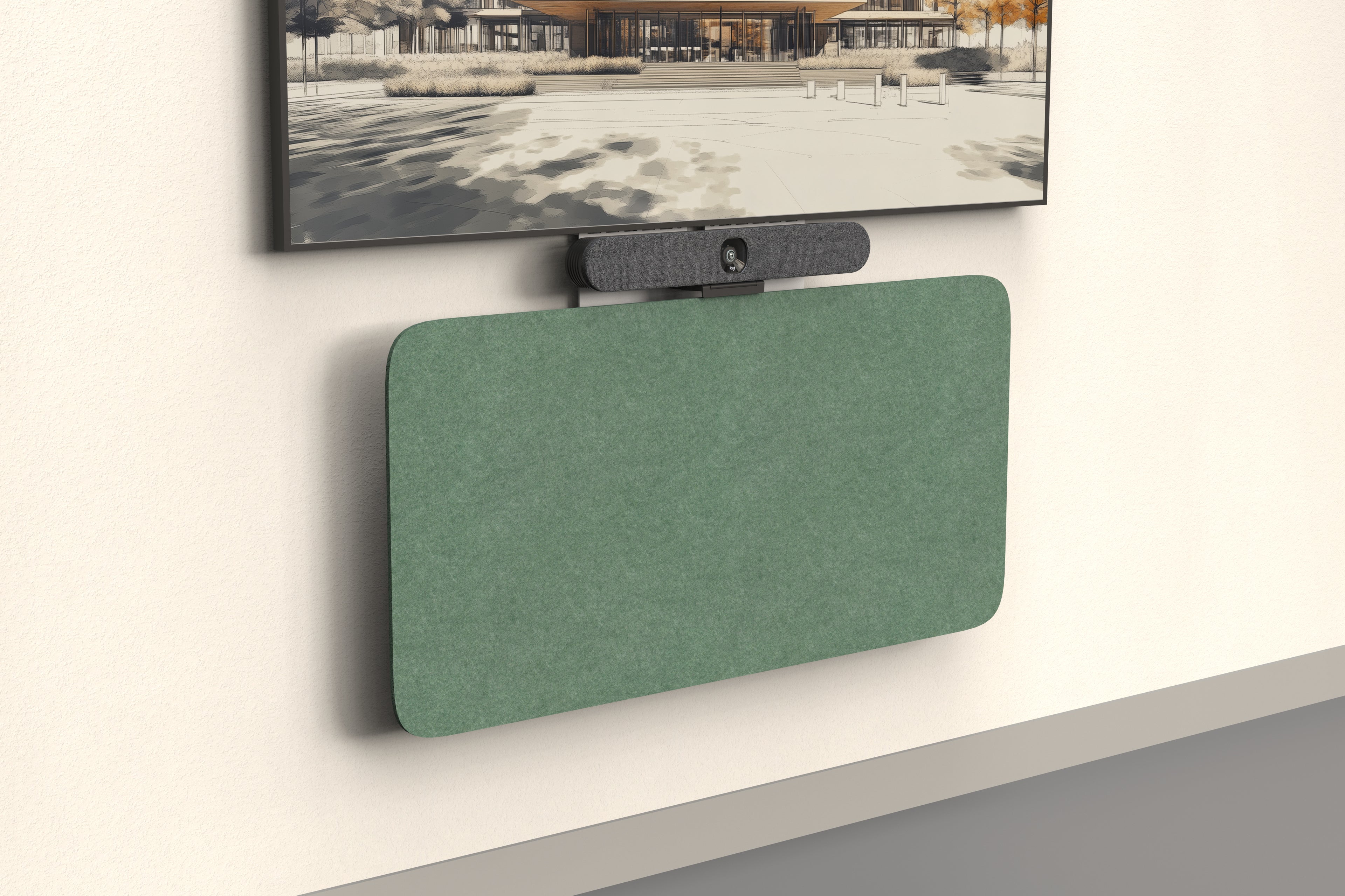 Heckler Credenza Neo in sage green felt, angled view beneath a wall-mounted display and video bar — slim AV enclosure for meeting rooms.
