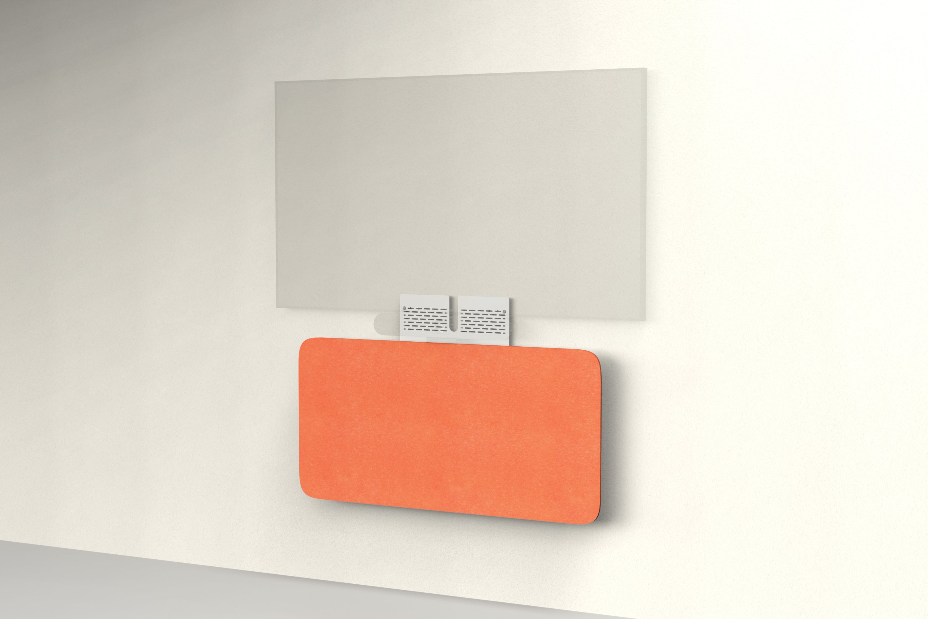 Heckler Credenza Neo in Aries — wall-mounted AV credenza with aries red acoustic felt panel concealing components below a display.