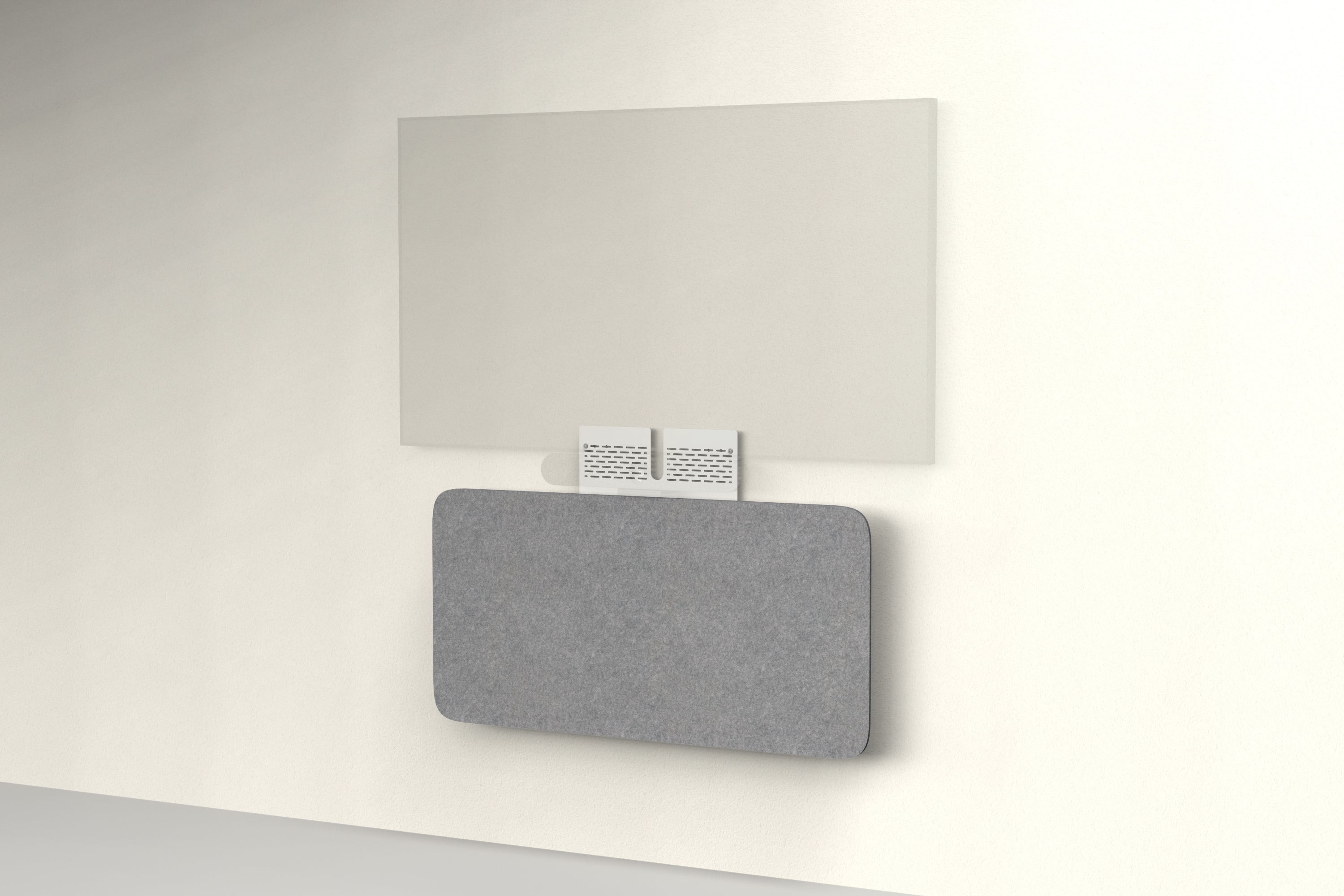 Heckler Credenza Neo in Armor — wall-mounted AV credenza with charcoal gray acoustic felt panel concealing components below a display.