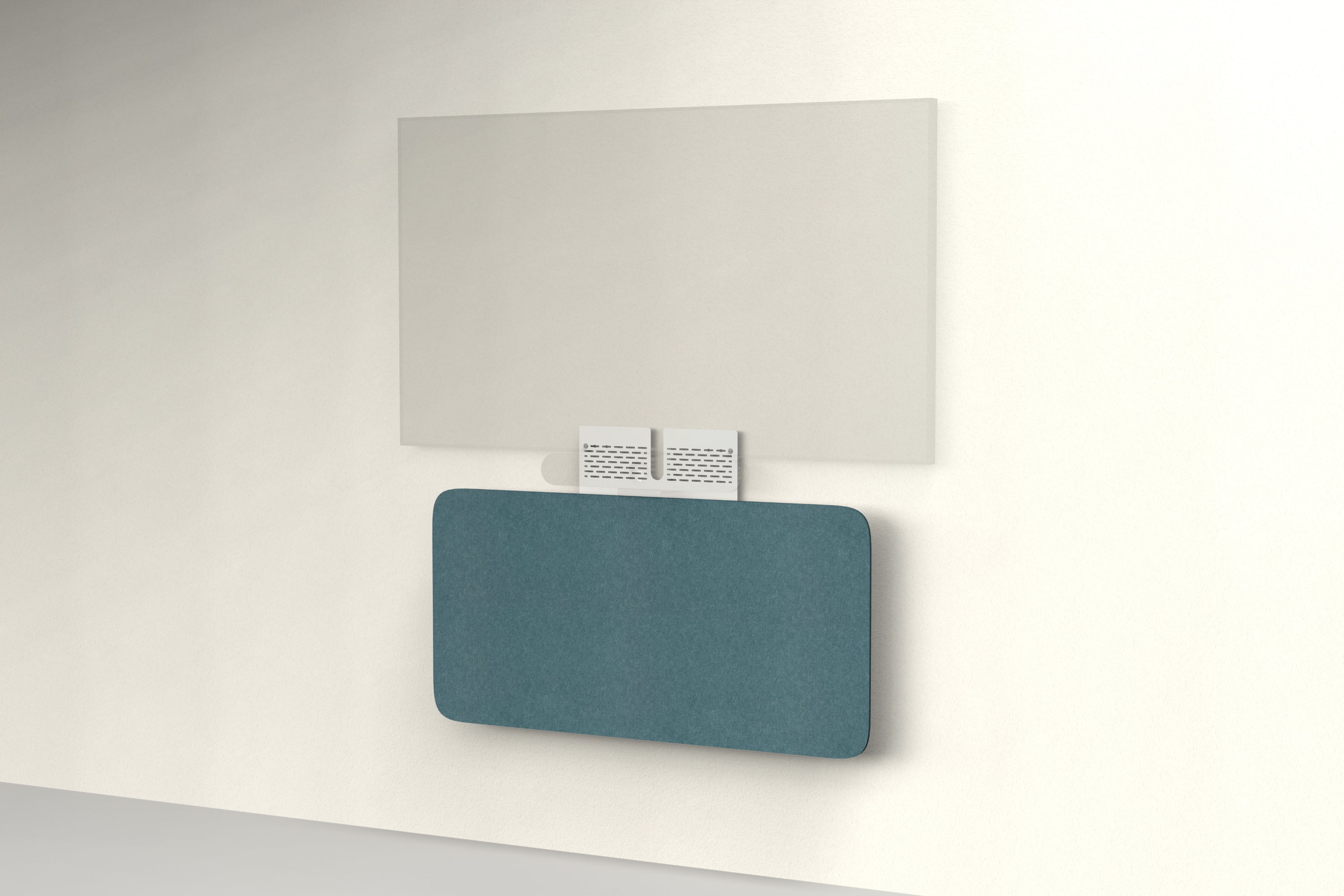 Heckler Credenza Neo in Atlantic — wall-mounted AV credenza with atlantic blue acoustic felt panel concealing components below a display.