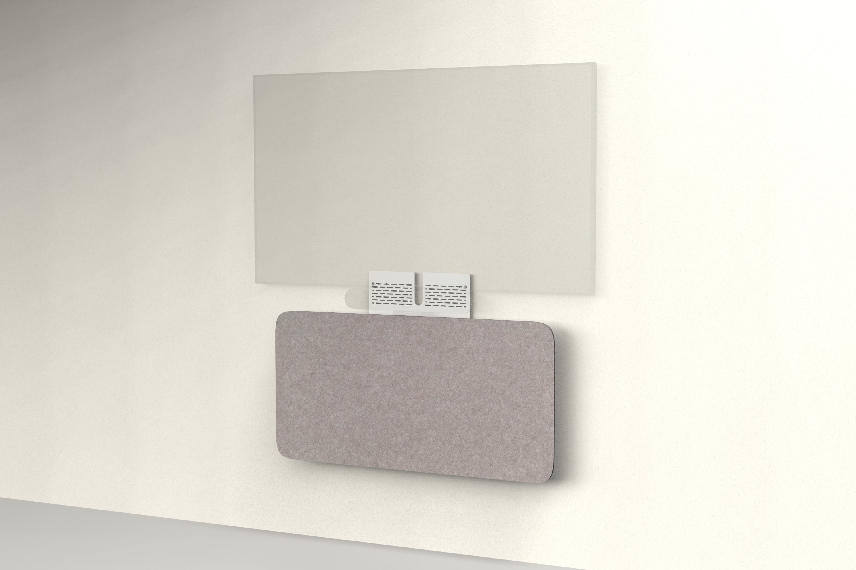 Heckler Credenza Neo in Ash — wall-mounted AV credenza with ash gray acoustic felt panel concealing components below a display.