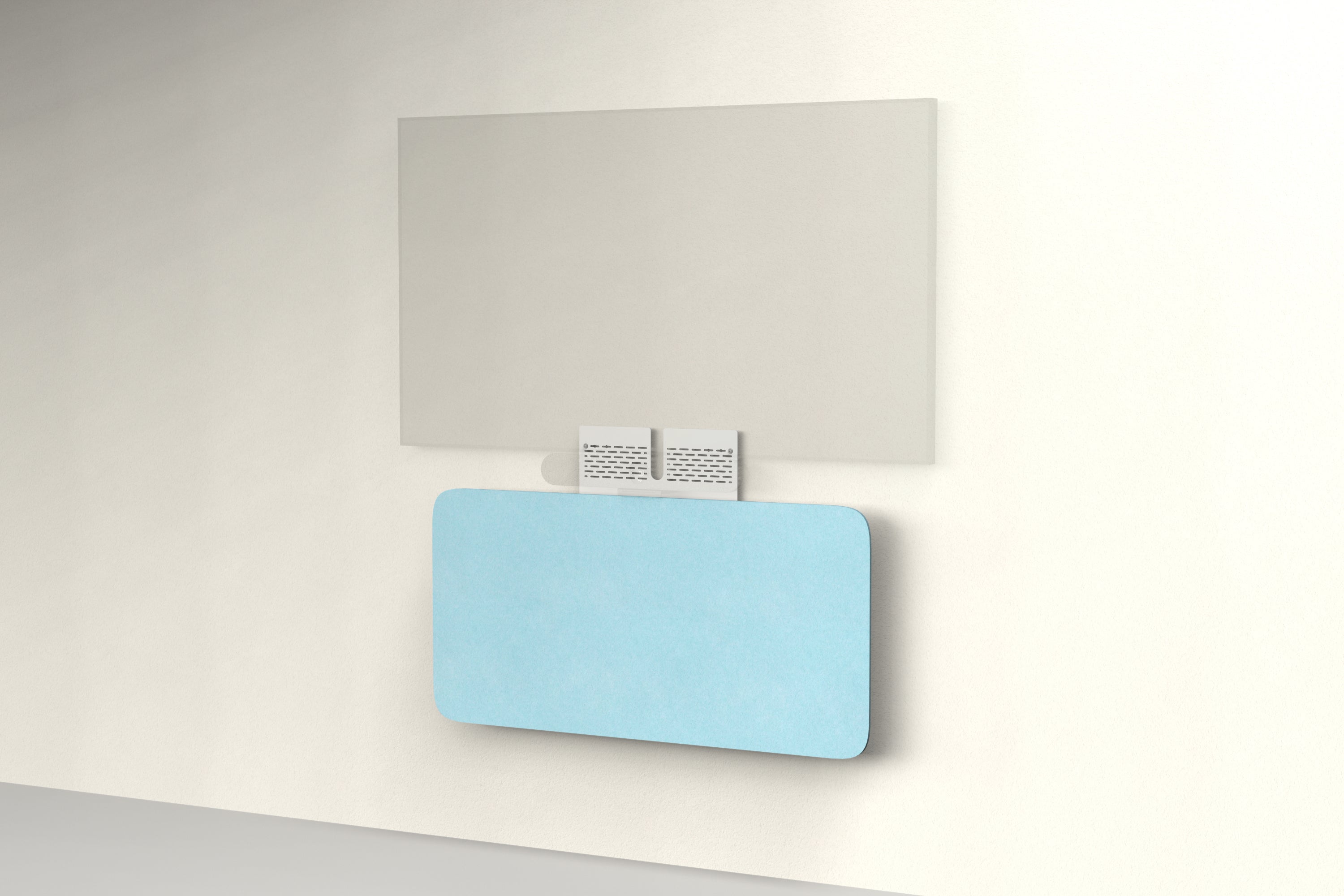 Heckler Credenza Neo in Baby Blue — wall-mounted AV credenza with pale baby blue acoustic felt panel concealing components below a display.