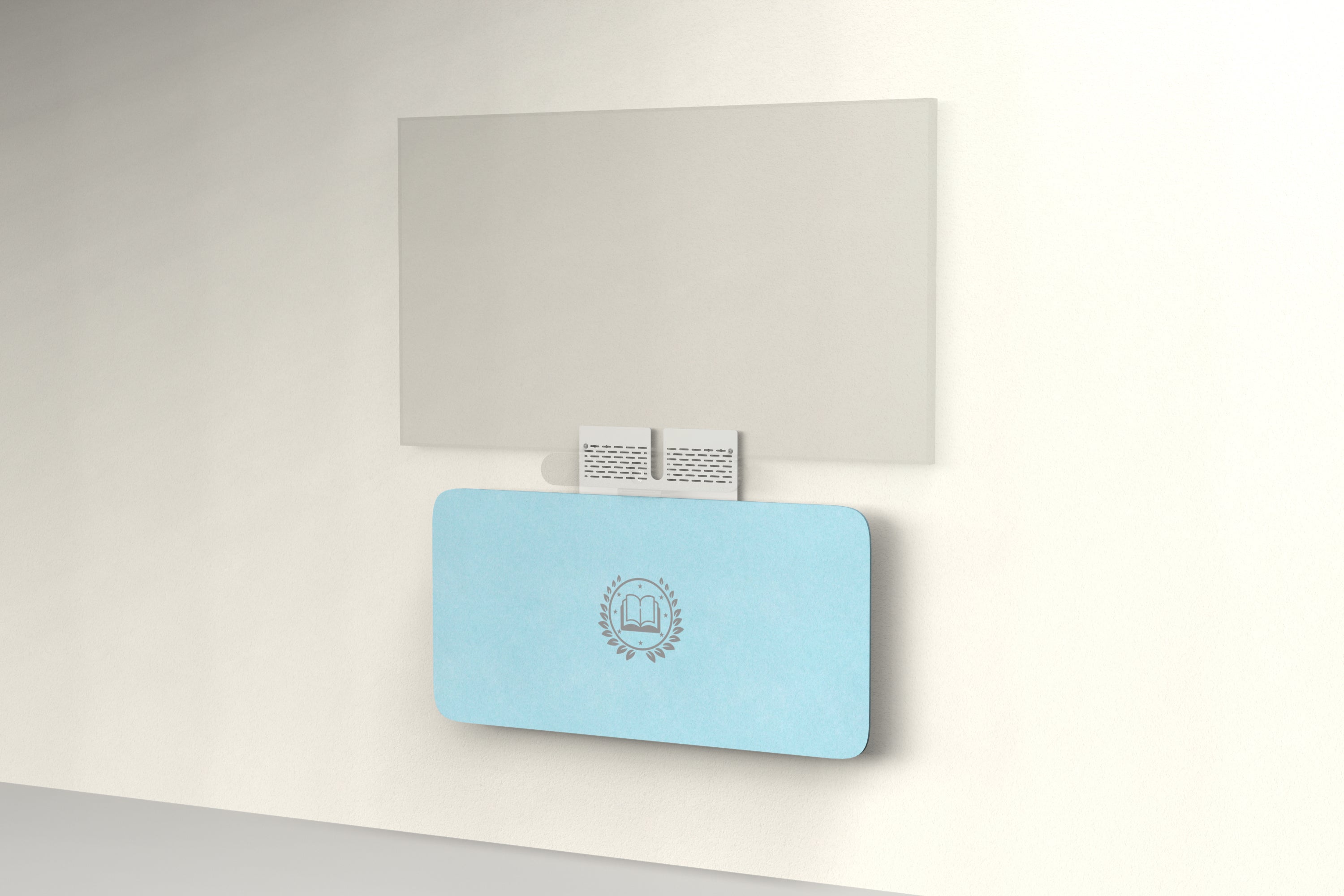 Heckler Credenza Neo in Baby Blue with custom logo — wall-mounted AV credenza with branded pale baby blue acoustic felt panel concealing components below a display.