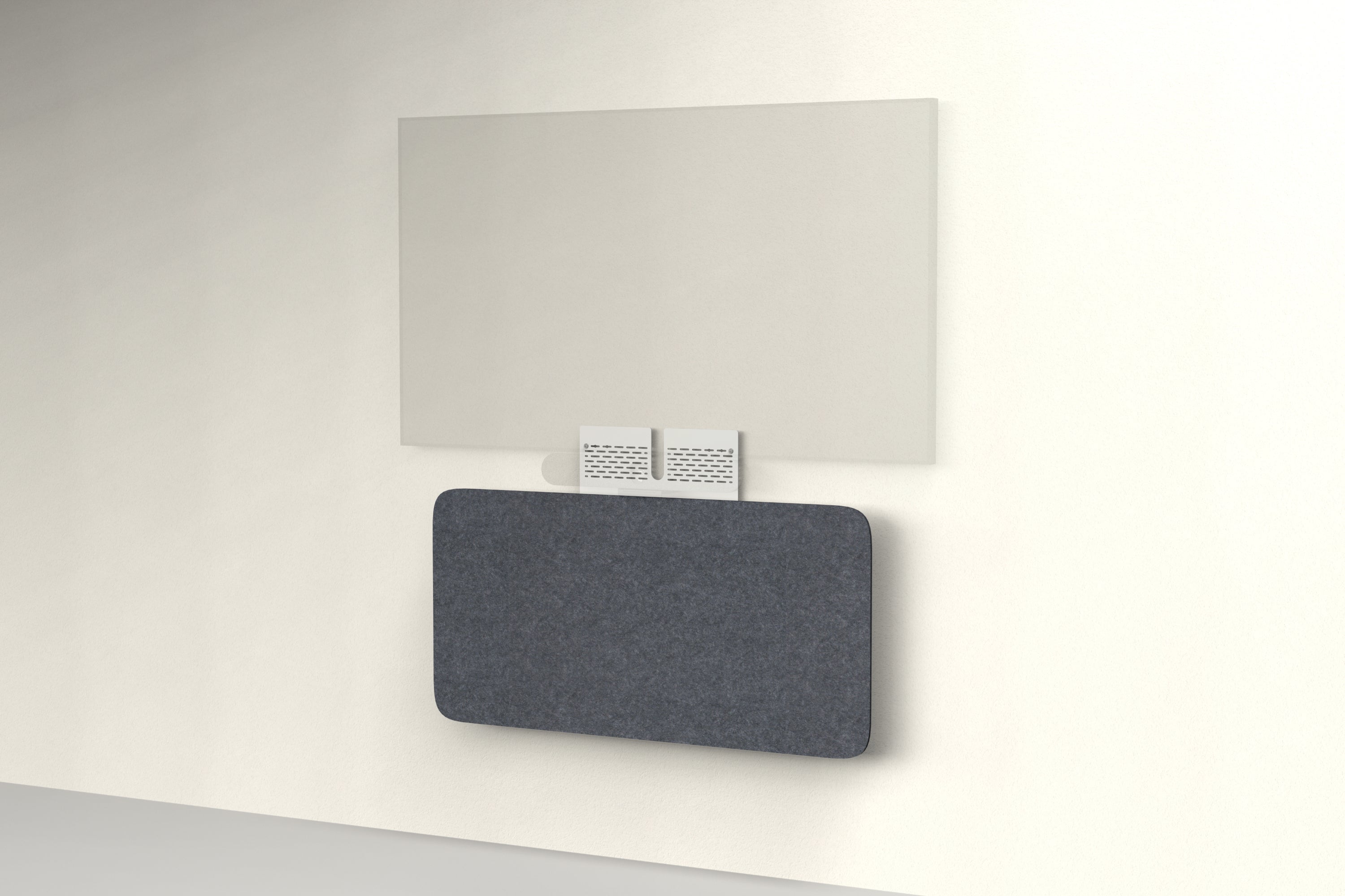 Heckler Credenza Neo in Cast — wall-mounted AV credenza with cast gray acoustic felt panel concealing components below a display.