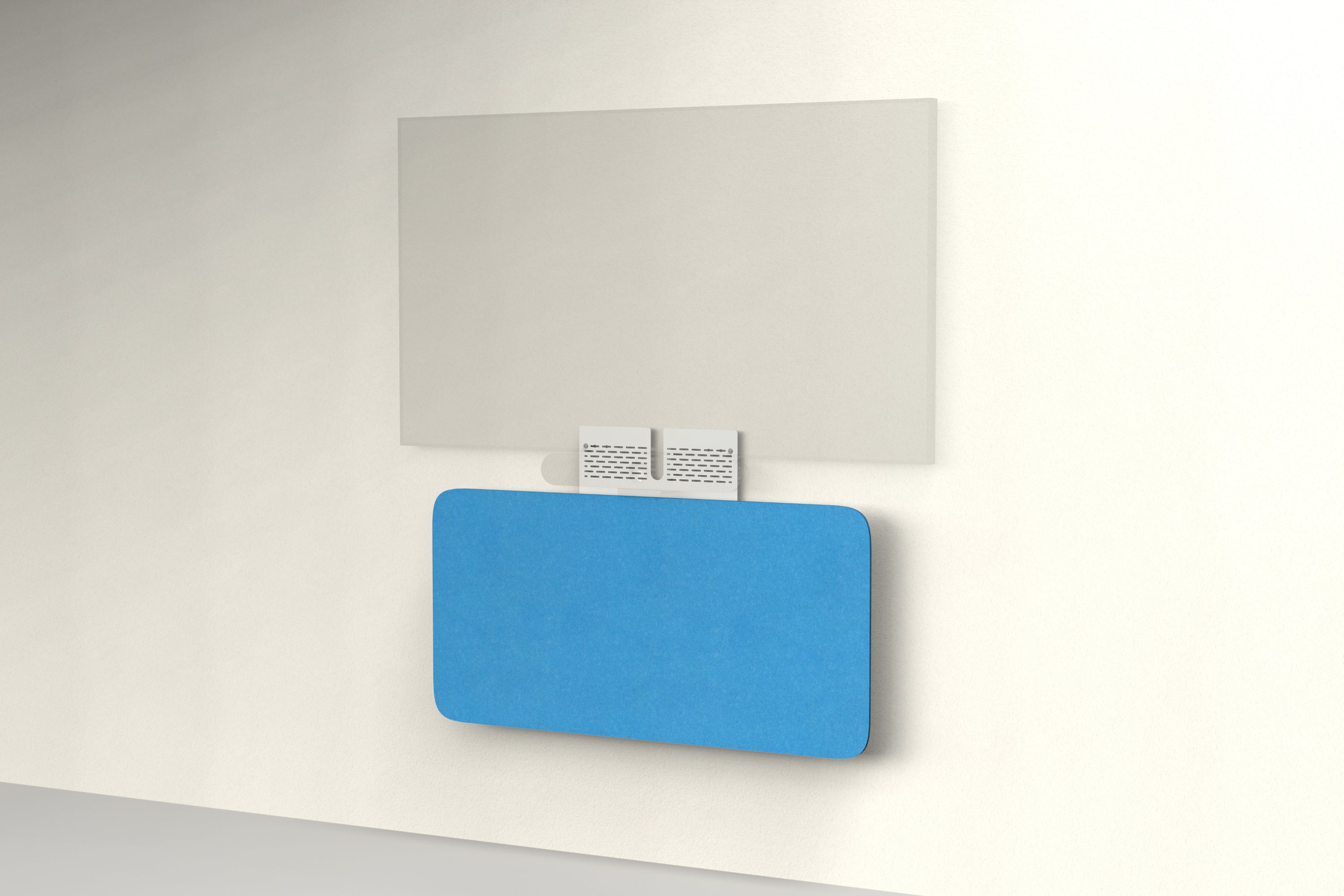 Heckler Credenza Neo in Cayman — wall-mounted AV credenza with cayman teal acoustic felt panel concealing components below a display.