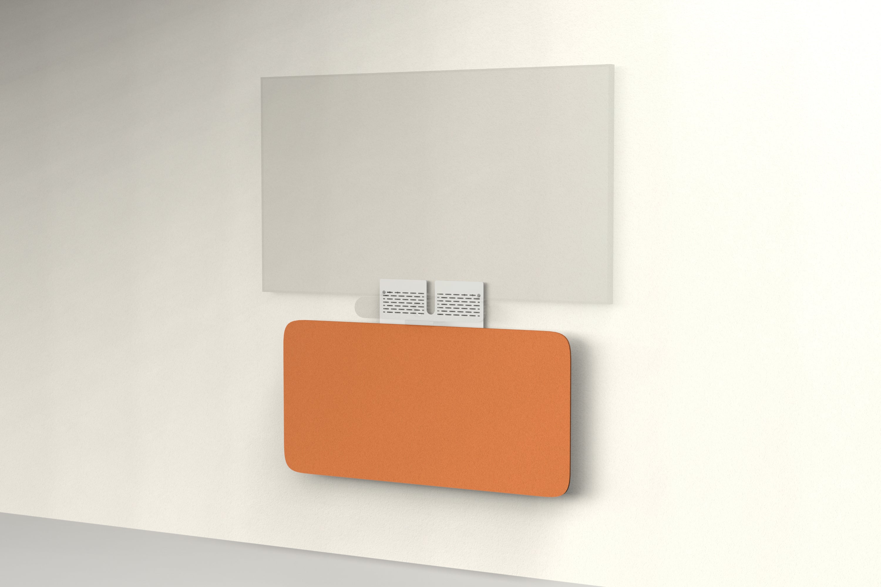 Heckler Credenza Neo in Cinnamon — wall-mounted AV credenza with cinnamon rust acoustic felt panel concealing components below a display.