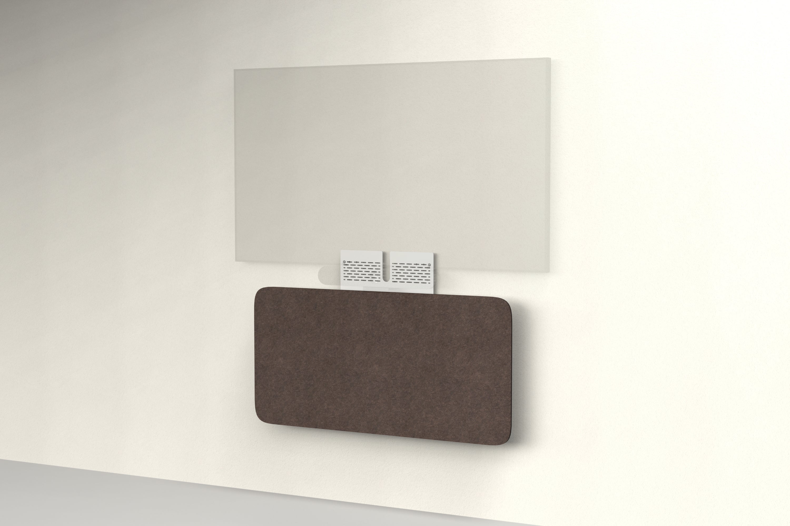 Heckler Credenza Neo in Cocoa — wall-mounted AV credenza with cocoa brown acoustic felt panel concealing components below a display.