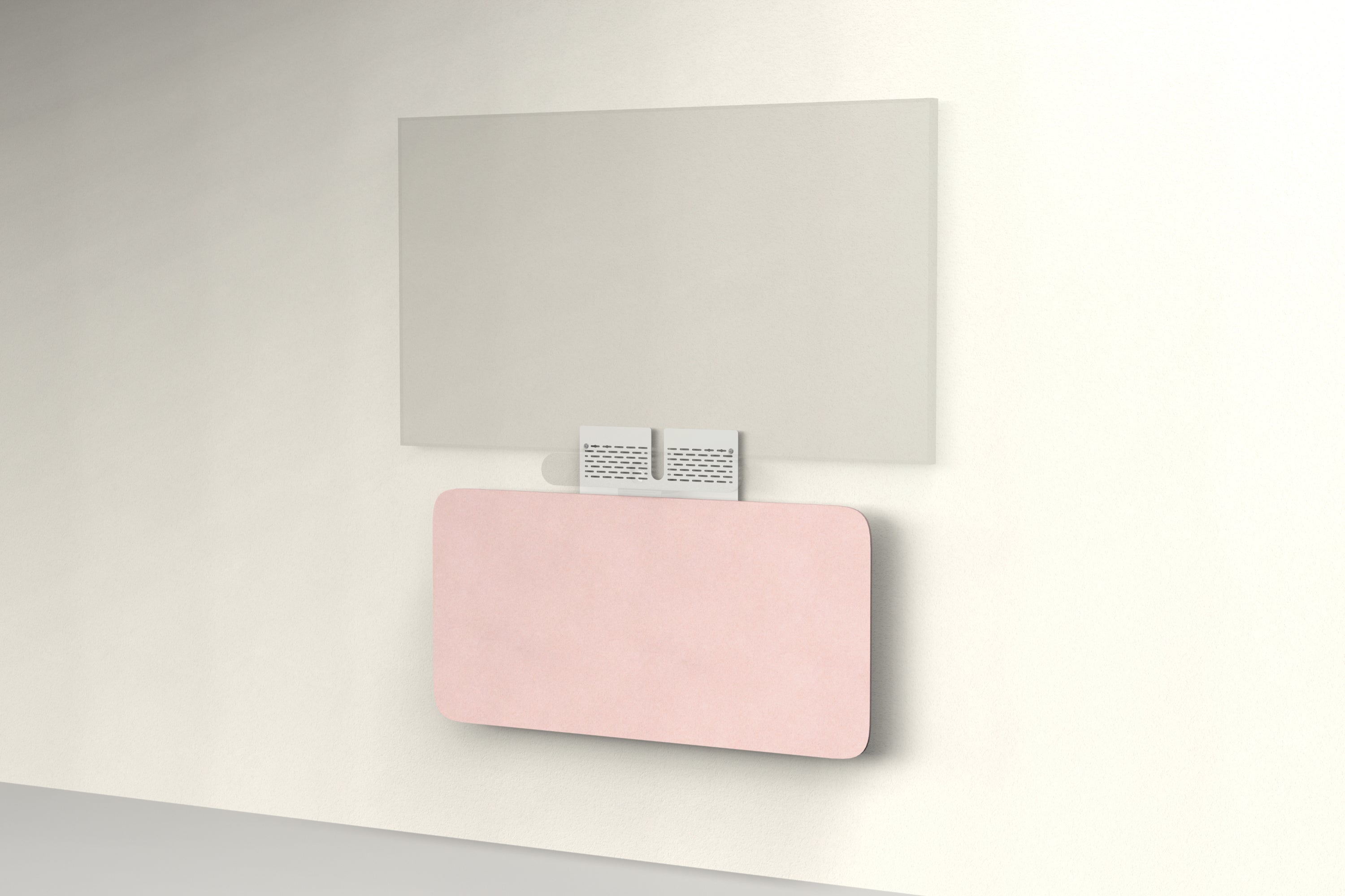 Heckler Credenza Neo in Coral — wall-mounted AV credenza with coral acoustic felt panel concealing components below a display.