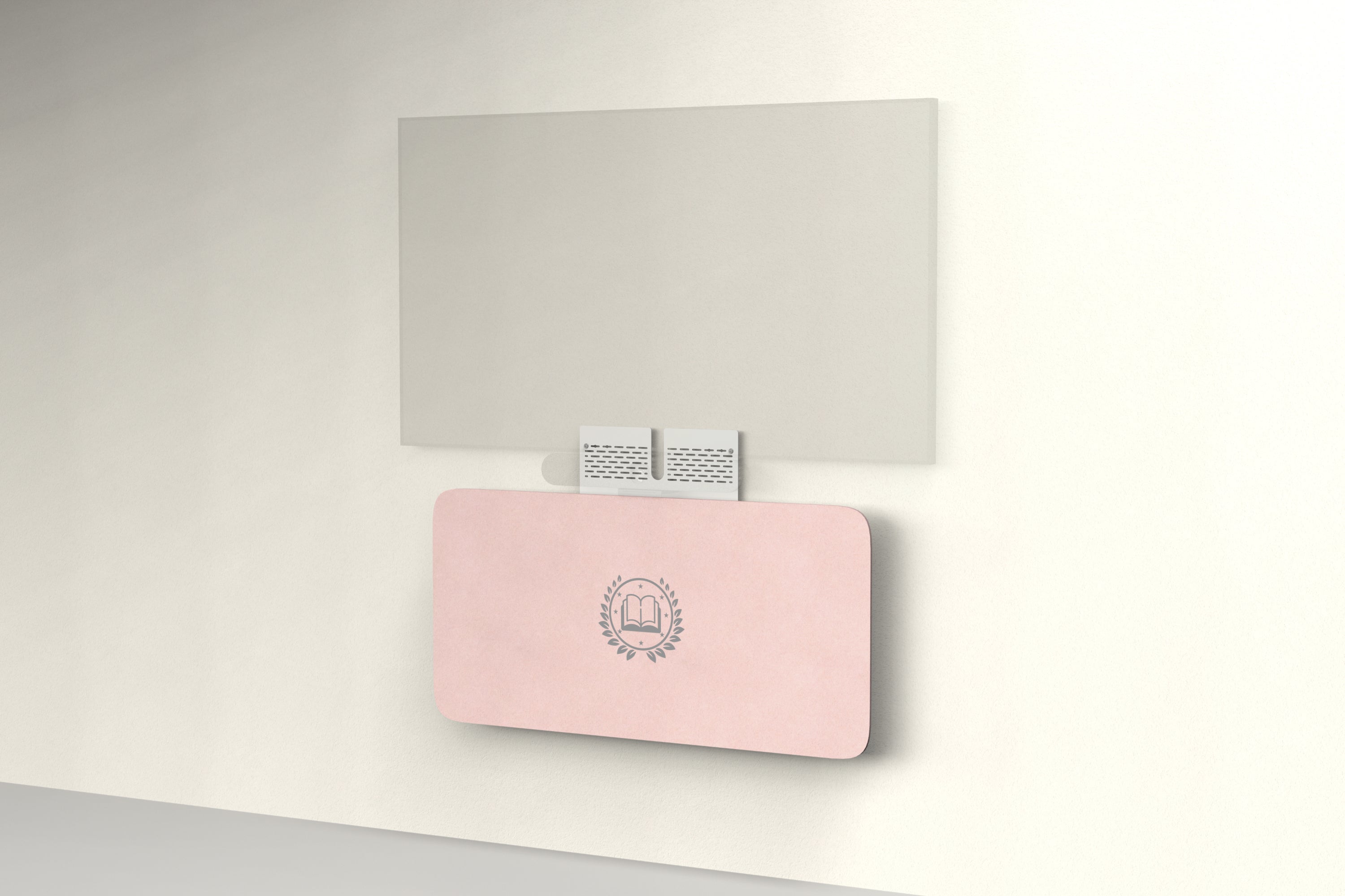 Heckler Credenza Neo in Coral with custom logo — wall-mounted AV credenza with branded coral acoustic felt panel concealing components below a display.