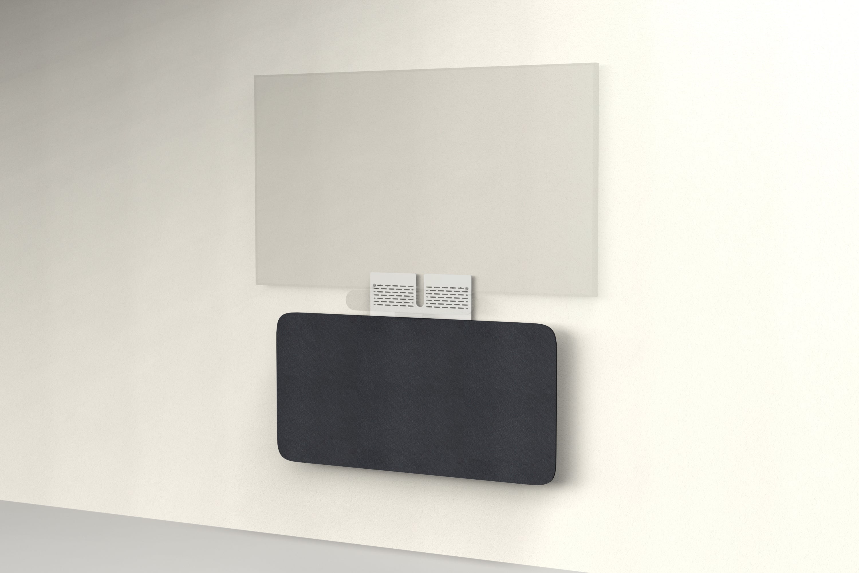 Heckler Credenza Neo in Ebony — wall-mounted AV credenza with ebony black acoustic felt panel concealing components below a display.