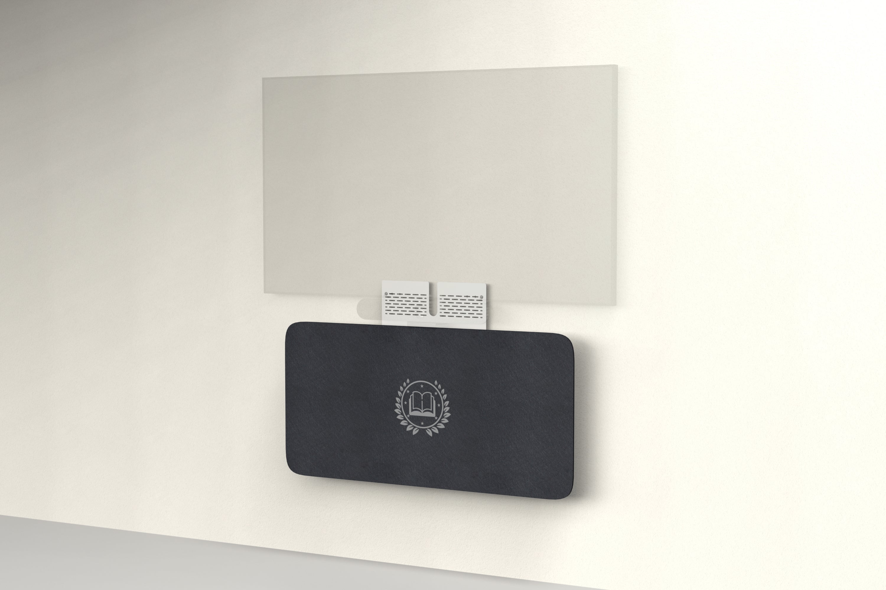 Heckler Credenza Neo in Ebony with custom logo — wall-mounted AV credenza with branded ebony black acoustic felt panel concealing components below a display.