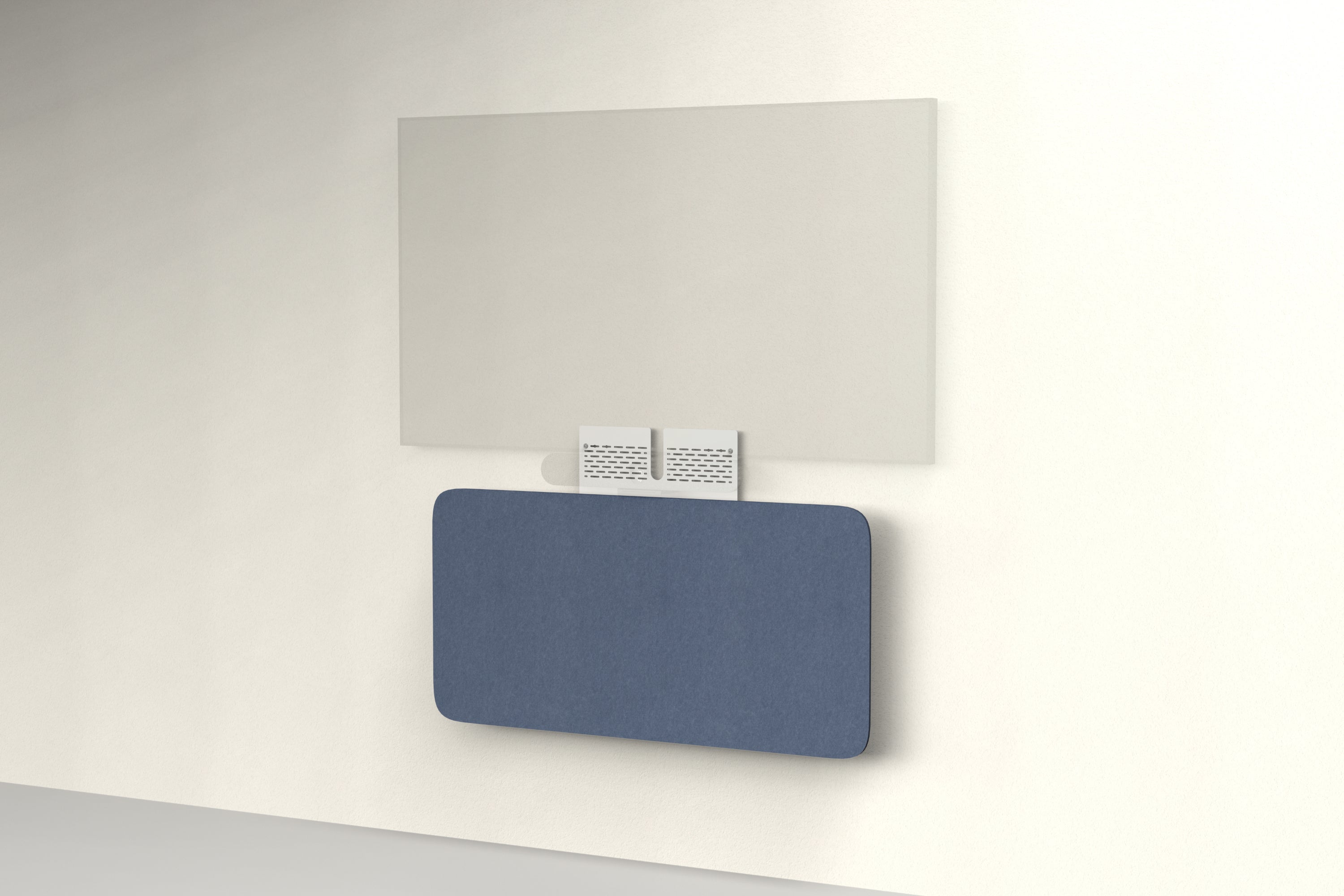 Heckler Credenza Neo in Indigo — wall-mounted AV credenza with indigo blue acoustic felt panel concealing components below a display.