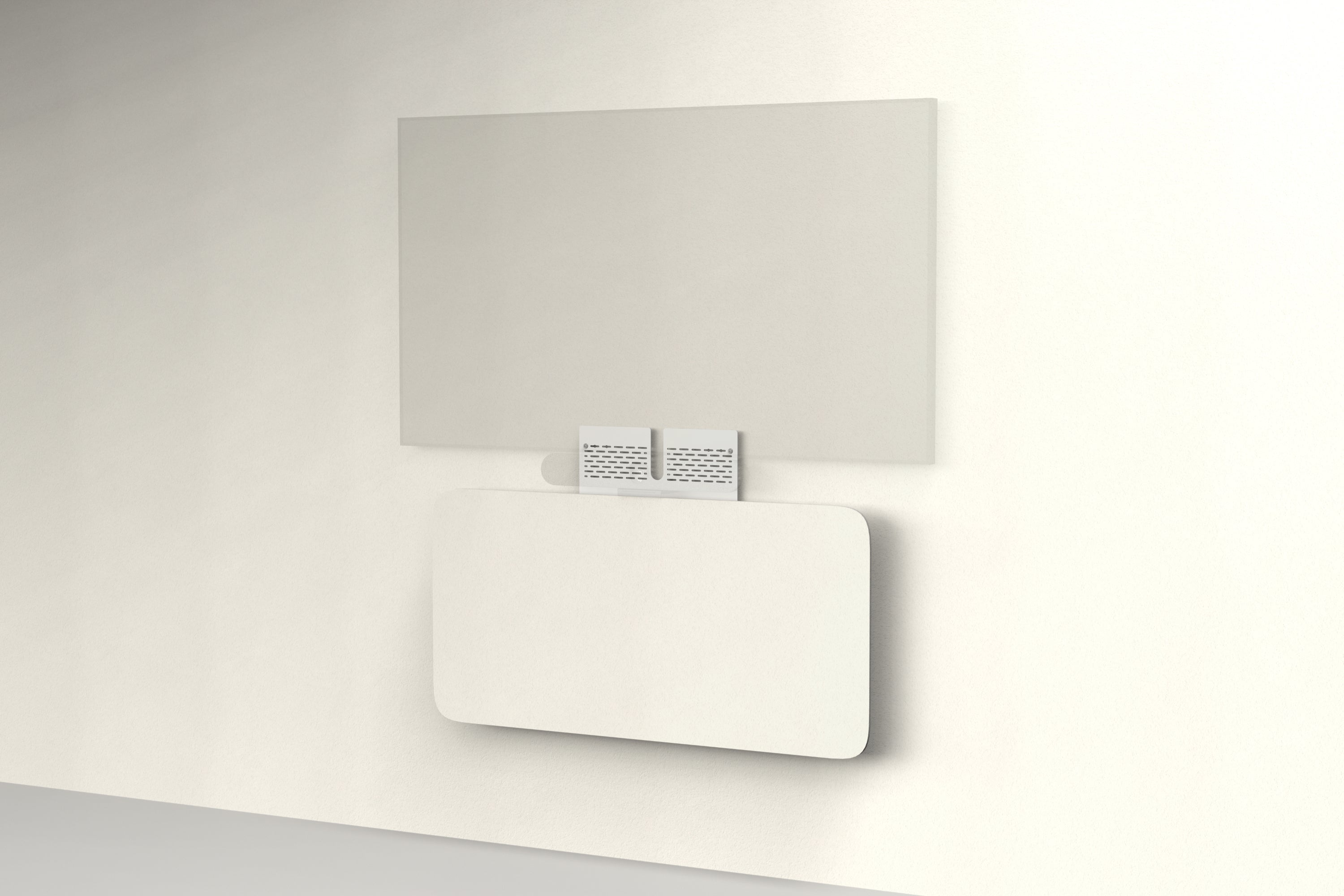 Heckler Credenza Neo in Ivory — wall-mounted AV credenza with ivory acoustic felt panel concealing components below a display.