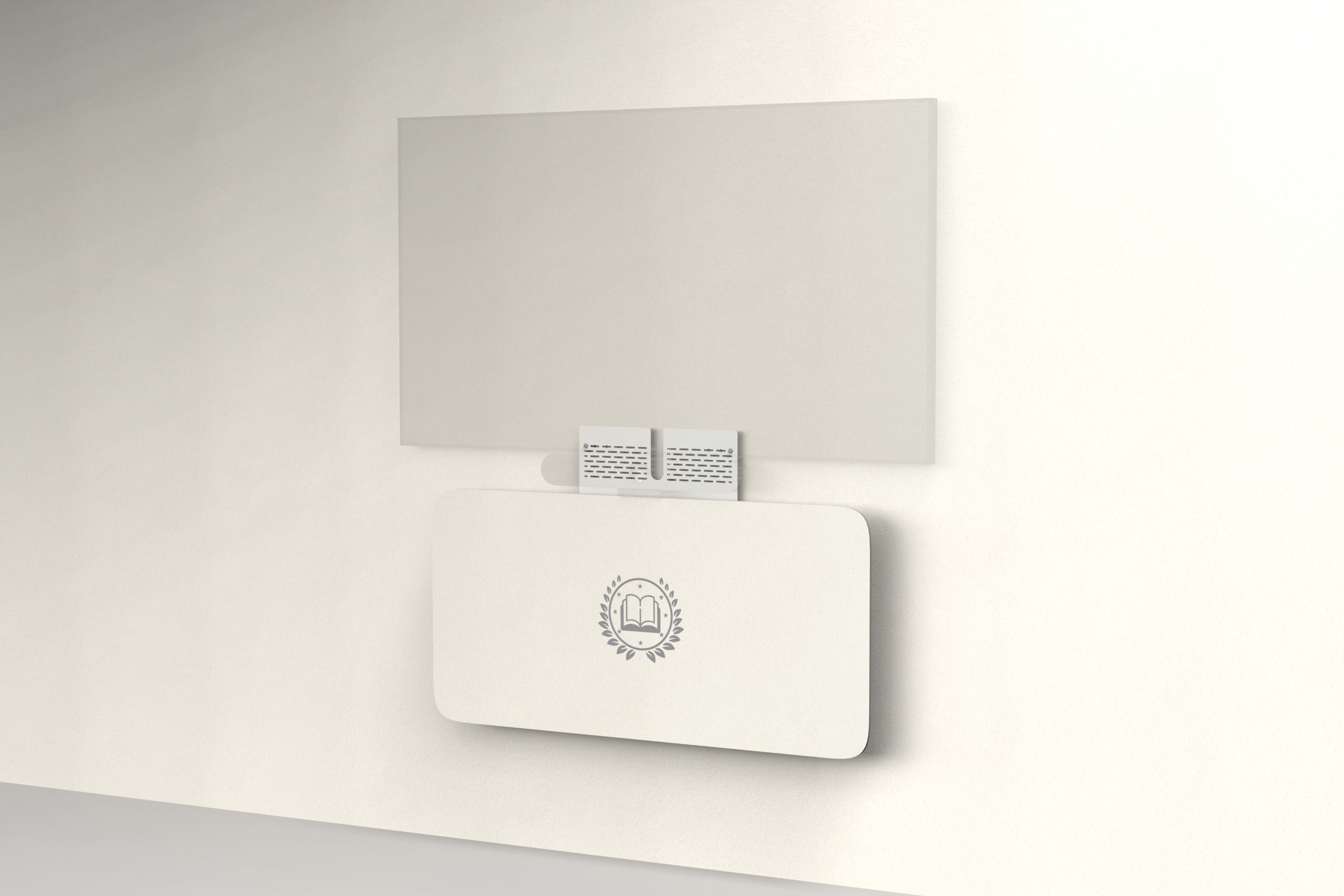 Heckler Credenza Neo in Ivory with custom logo — wall-mounted AV credenza with branded ivory acoustic felt panel concealing components below a display.