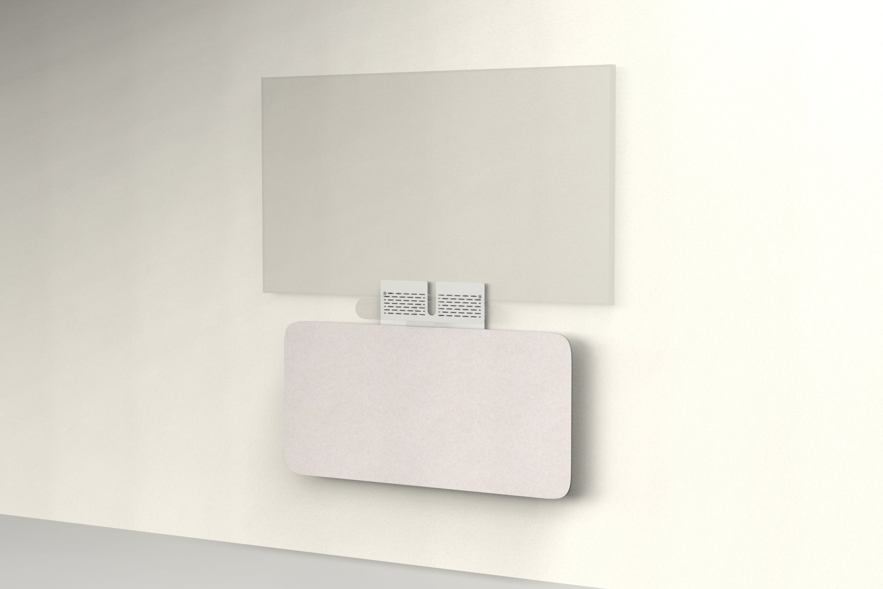 Heckler Credenza Neo in Latte — wall-mounted AV credenza with latte tan acoustic felt panel concealing components below a display.