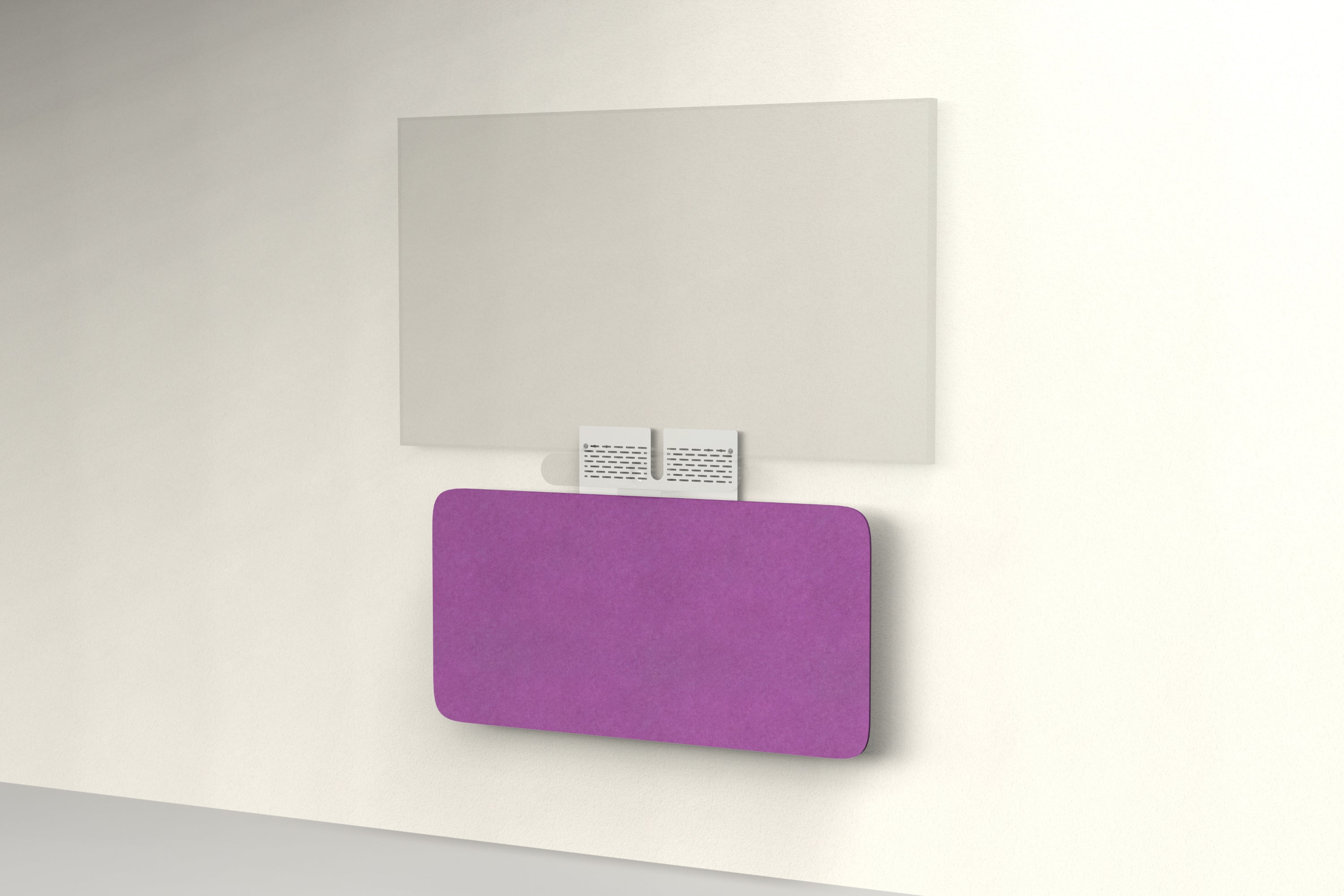 Heckler Credenza Neo in Lavender — wall-mounted AV credenza with lavender acoustic felt panel concealing components below a display.