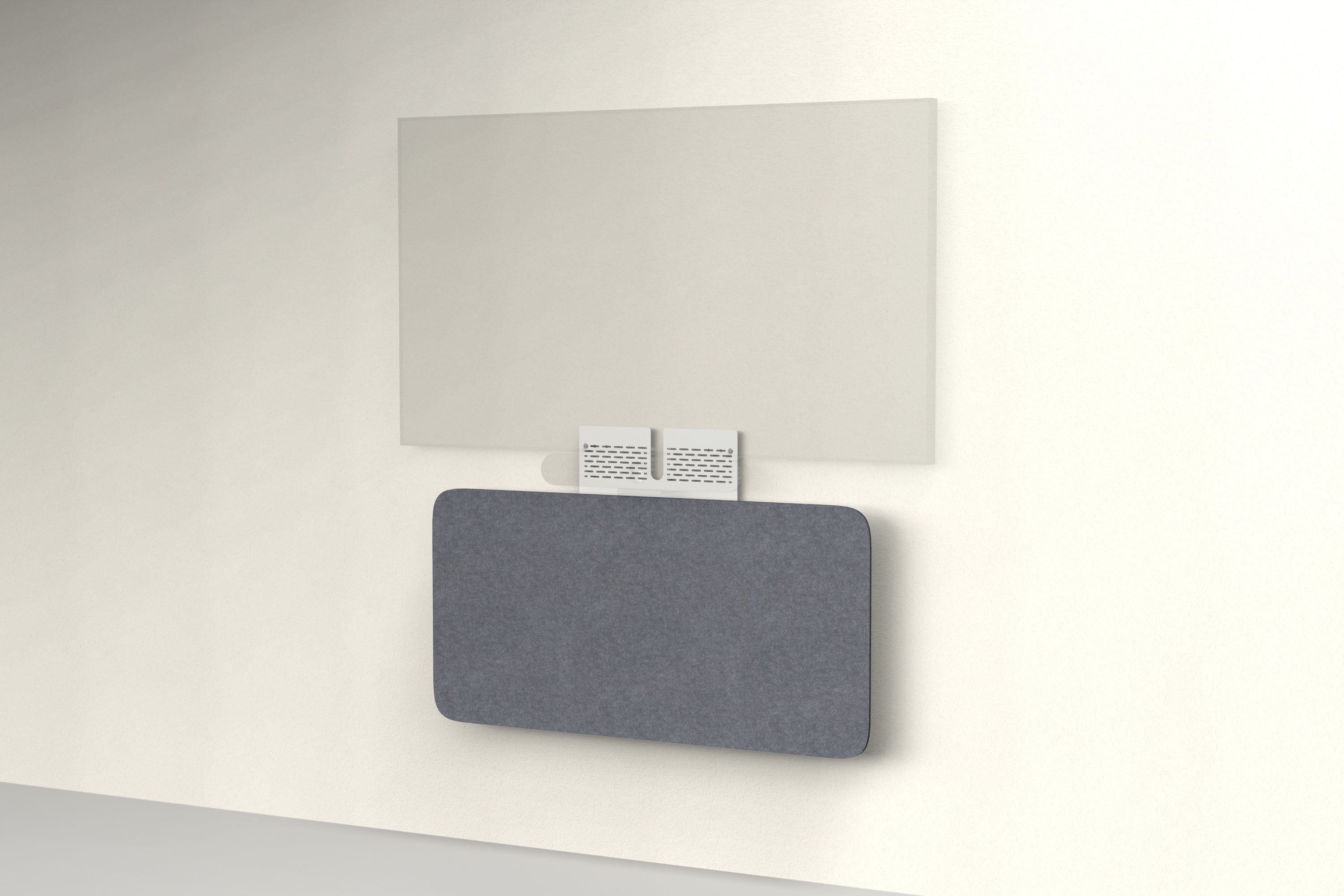 Heckler Credenza Neo in Mineral — wall-mounted AV credenza with mineral gray acoustic felt panel concealing components below a display.