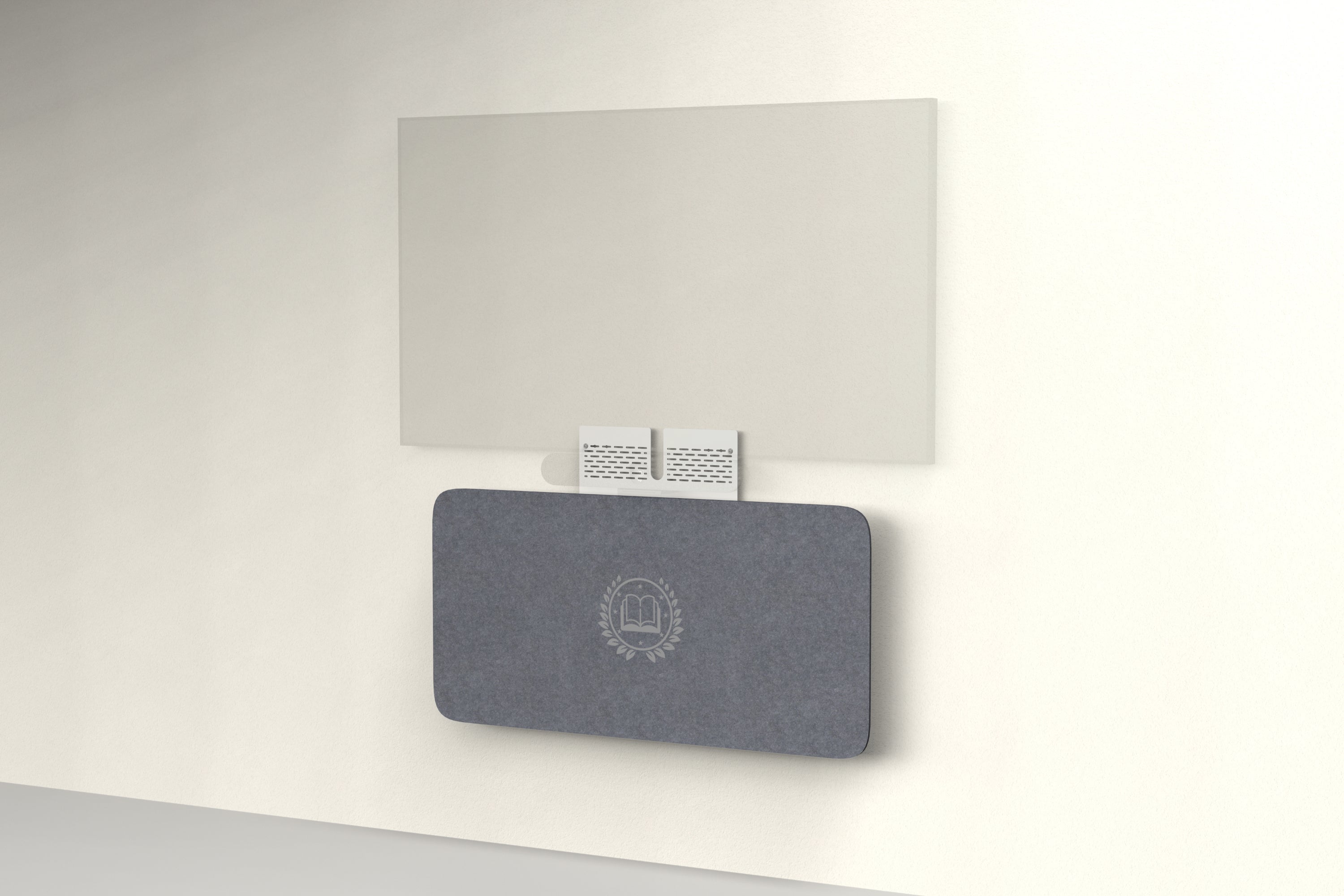 Heckler Credenza Neo in Mineral with custom logo — wall-mounted AV credenza with branded mineral gray acoustic felt panel concealing components below a display.