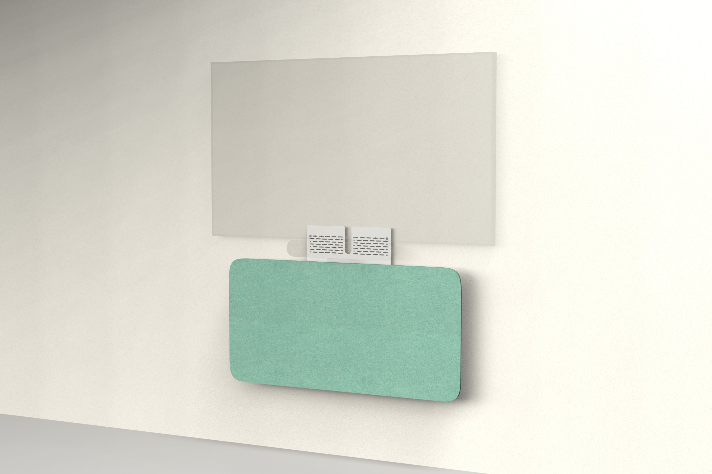 Heckler Credenza Neo in Mint — wall-mounted AV credenza with mint green acoustic felt panel concealing components below a display.