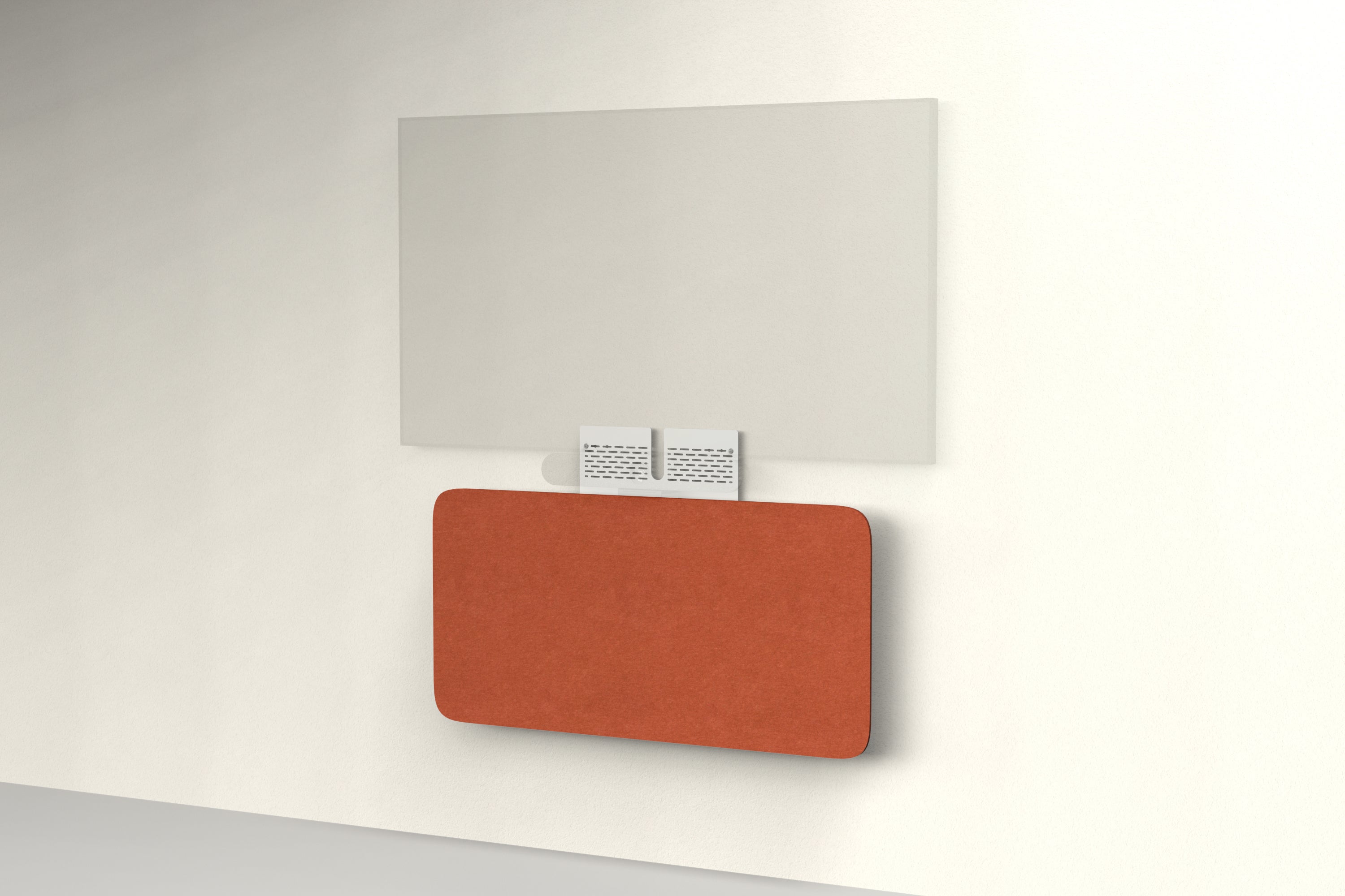 Heckler Credenza Neo in Moab — wall-mounted AV credenza with terracotta rust acoustic felt panel concealing components below a display.