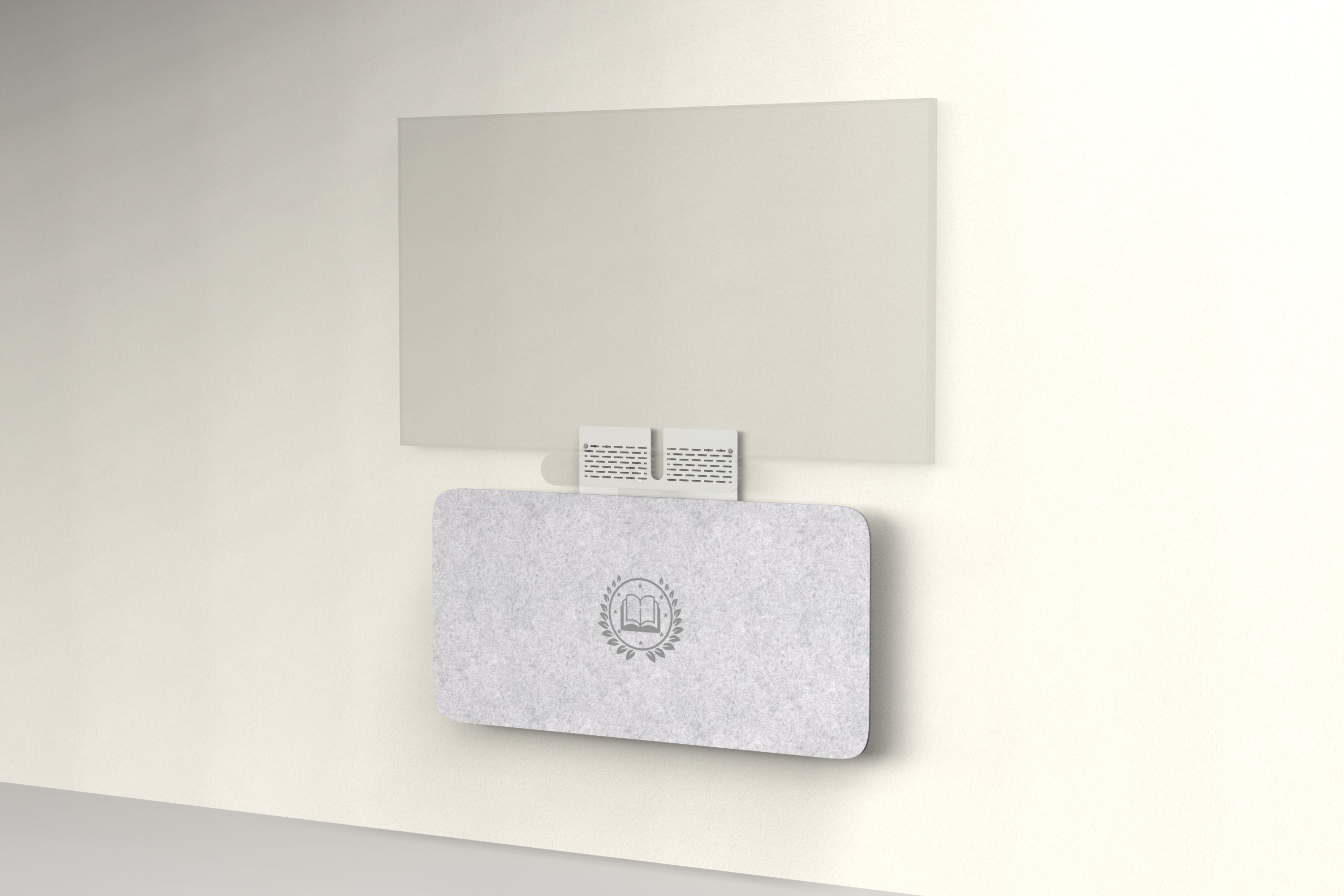 Heckler Credenza Neo in Nickel with custom logo — wall-mounted AV credenza with branded nickel silver acoustic felt panel concealing components below a display.