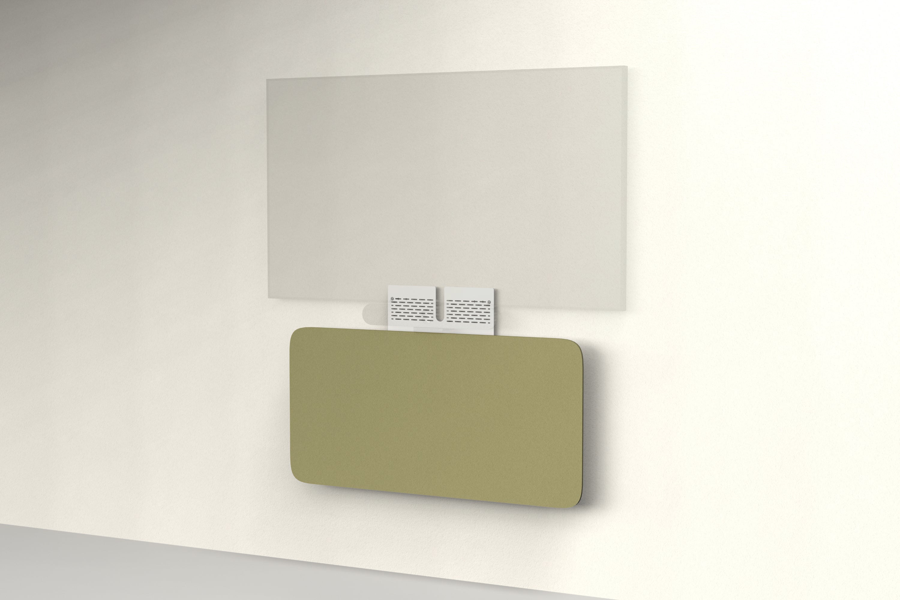 Heckler Credenza Neo in Olive — wall-mounted AV credenza with olive green acoustic felt panel concealing components below a display.