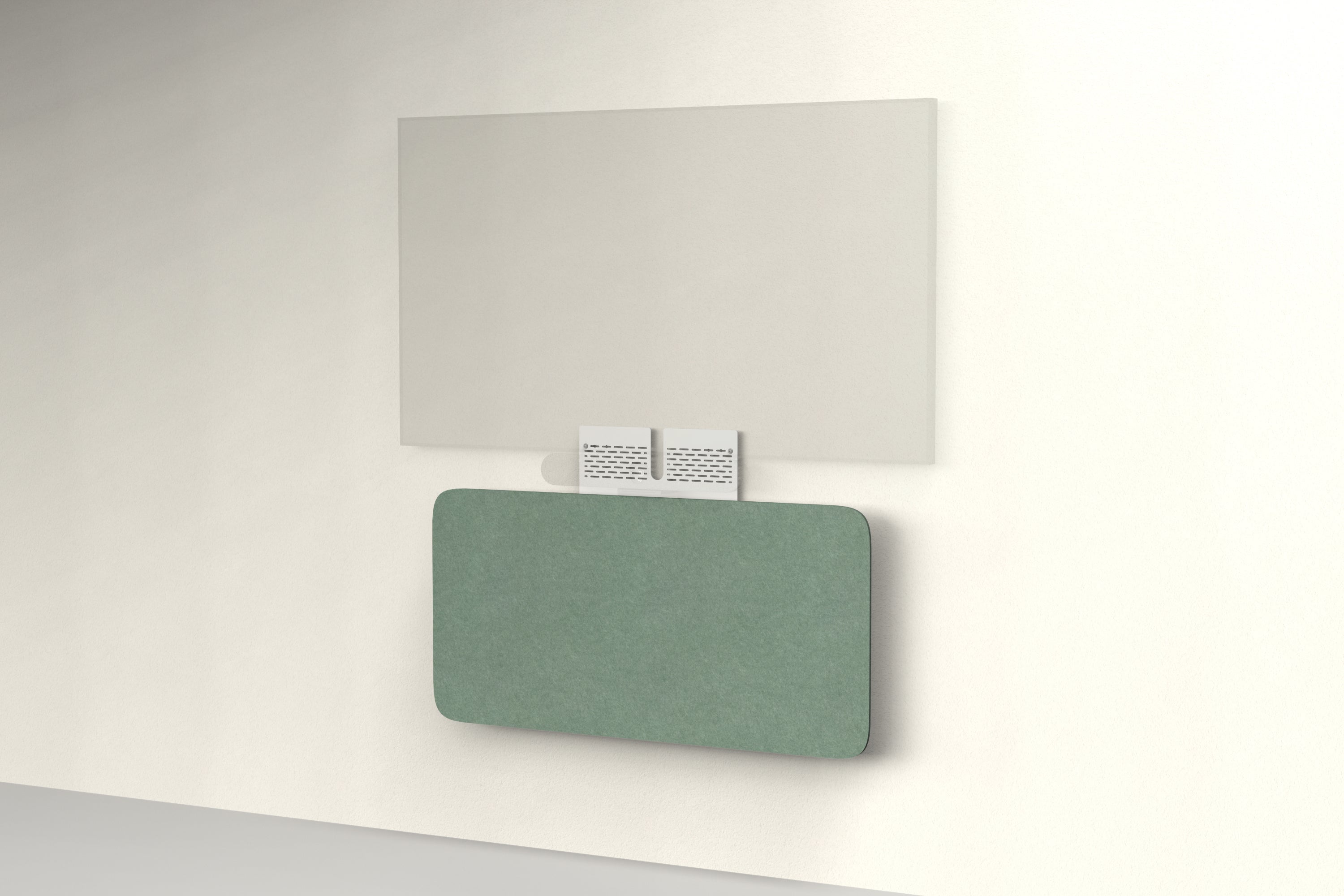 Heckler Credenza Neo in Palm — wall-mounted AV credenza with deep palm green acoustic felt panel concealing components below a display.
