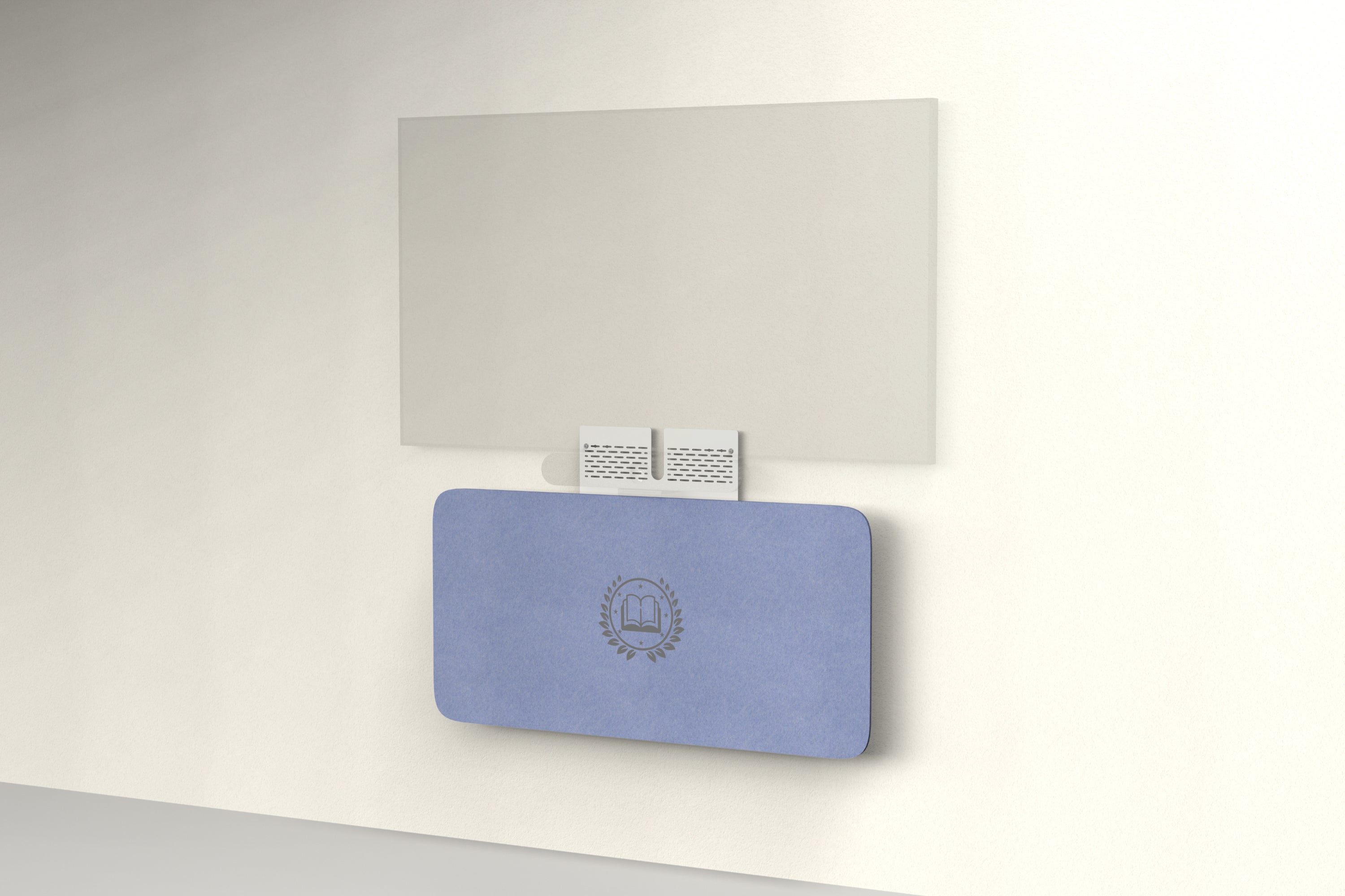 Heckler Credenza Neo in Periwinkle with custom logo — wall-mounted AV credenza with branded periwinkle blue acoustic felt panel concealing components below a display.