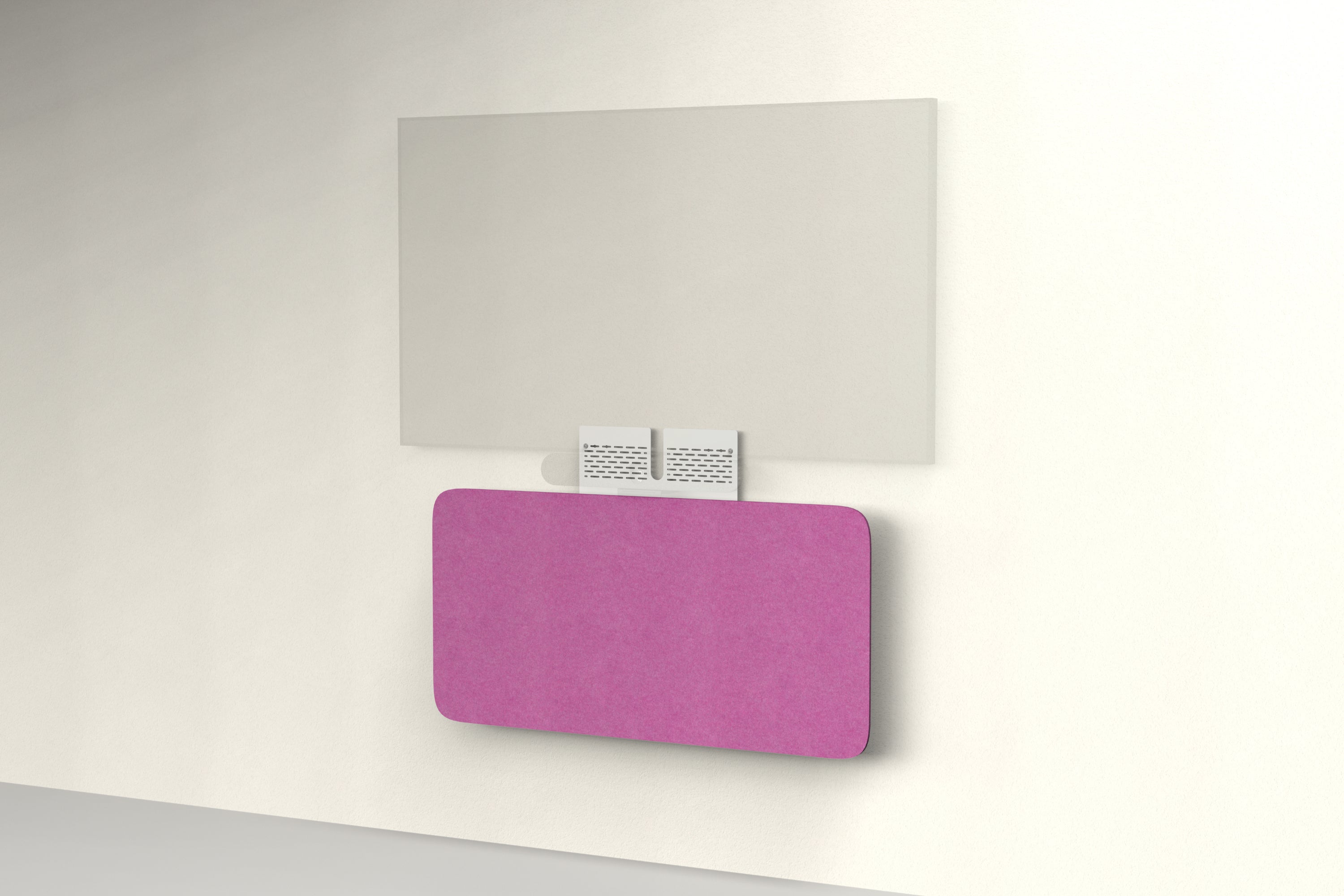 Heckler Credenza Neo in Plum — wall-mounted AV credenza with plum purple acoustic felt panel concealing components below a display.