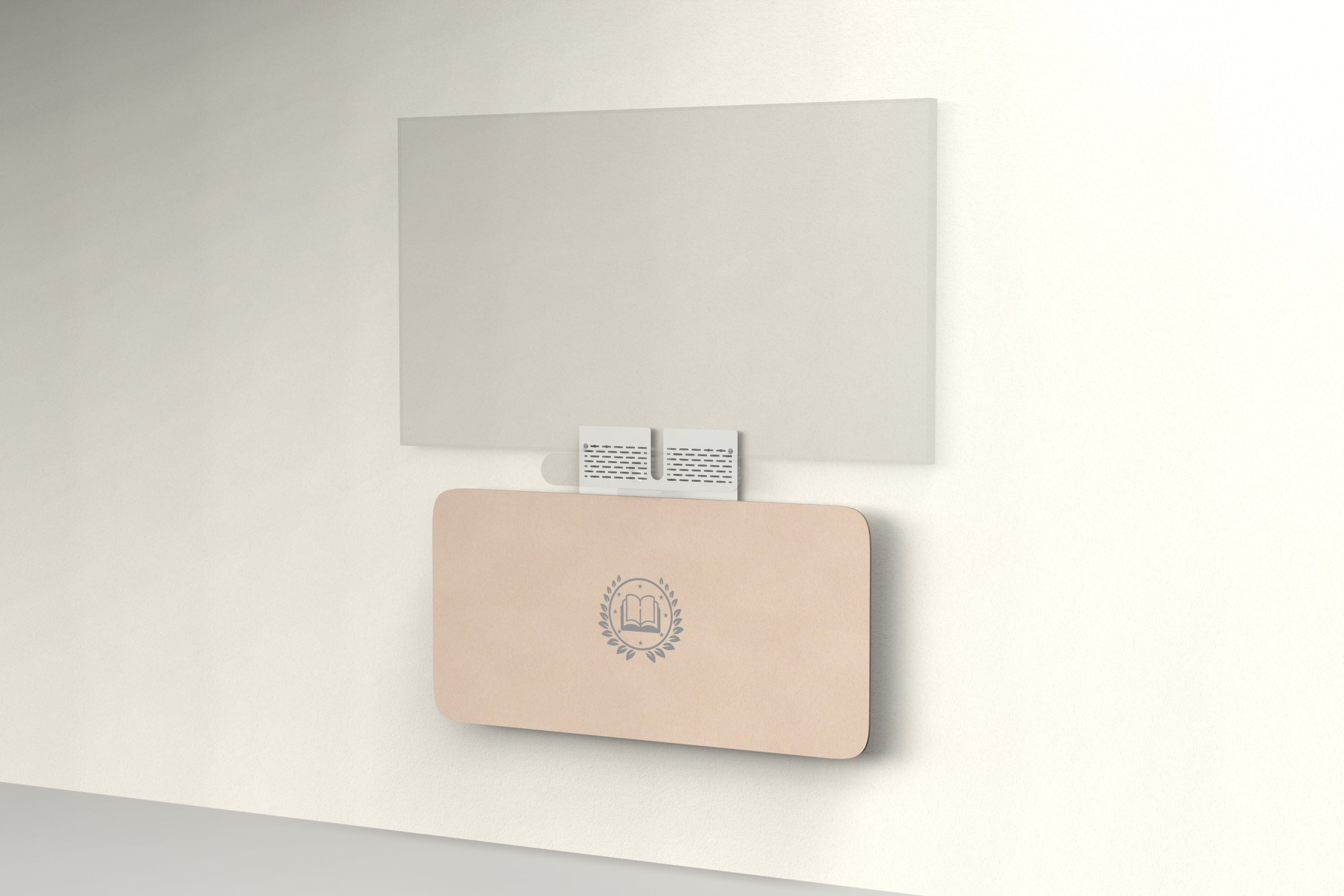 Heckler Credenza Neo in Porcelain with custom logo — wall-mounted AV credenza with branded porcelain white acoustic felt panel concealing components below a display.