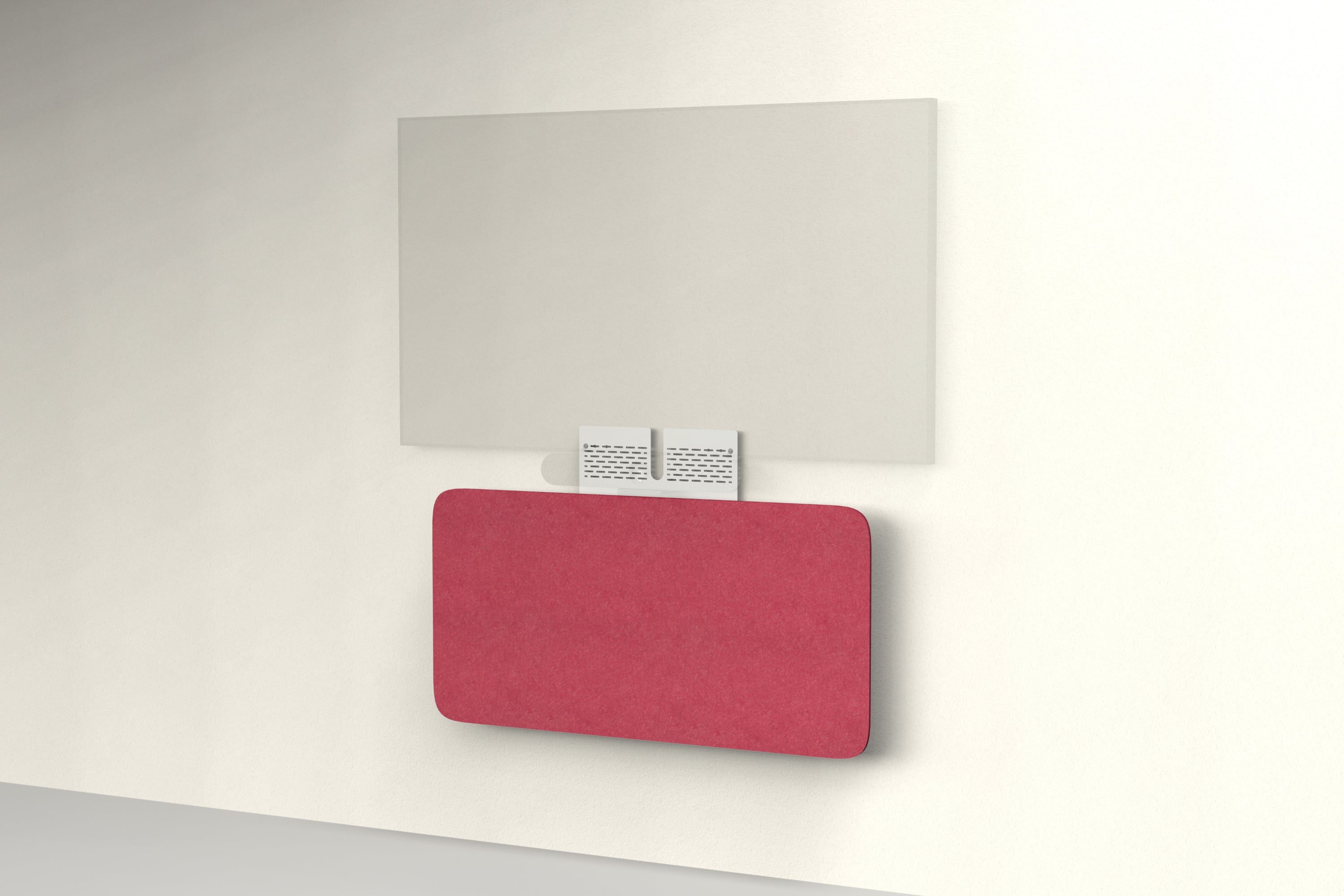 Heckler Credenza Neo in Ruby — wall-mounted AV credenza with ruby red acoustic felt panel concealing components below a display.