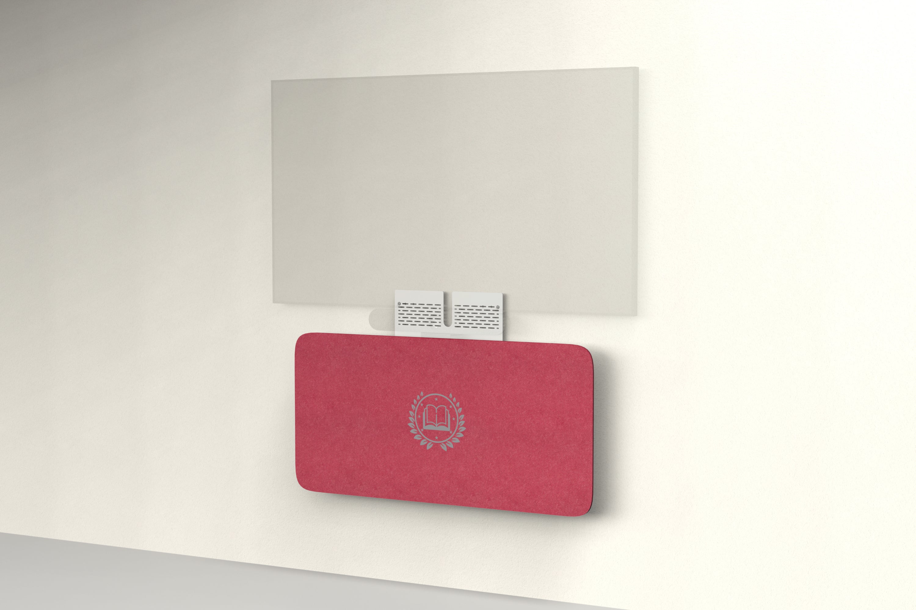 Heckler Credenza Neo in Ruby with custom logo — wall-mounted AV credenza with branded ruby red acoustic felt panel concealing components below a display.