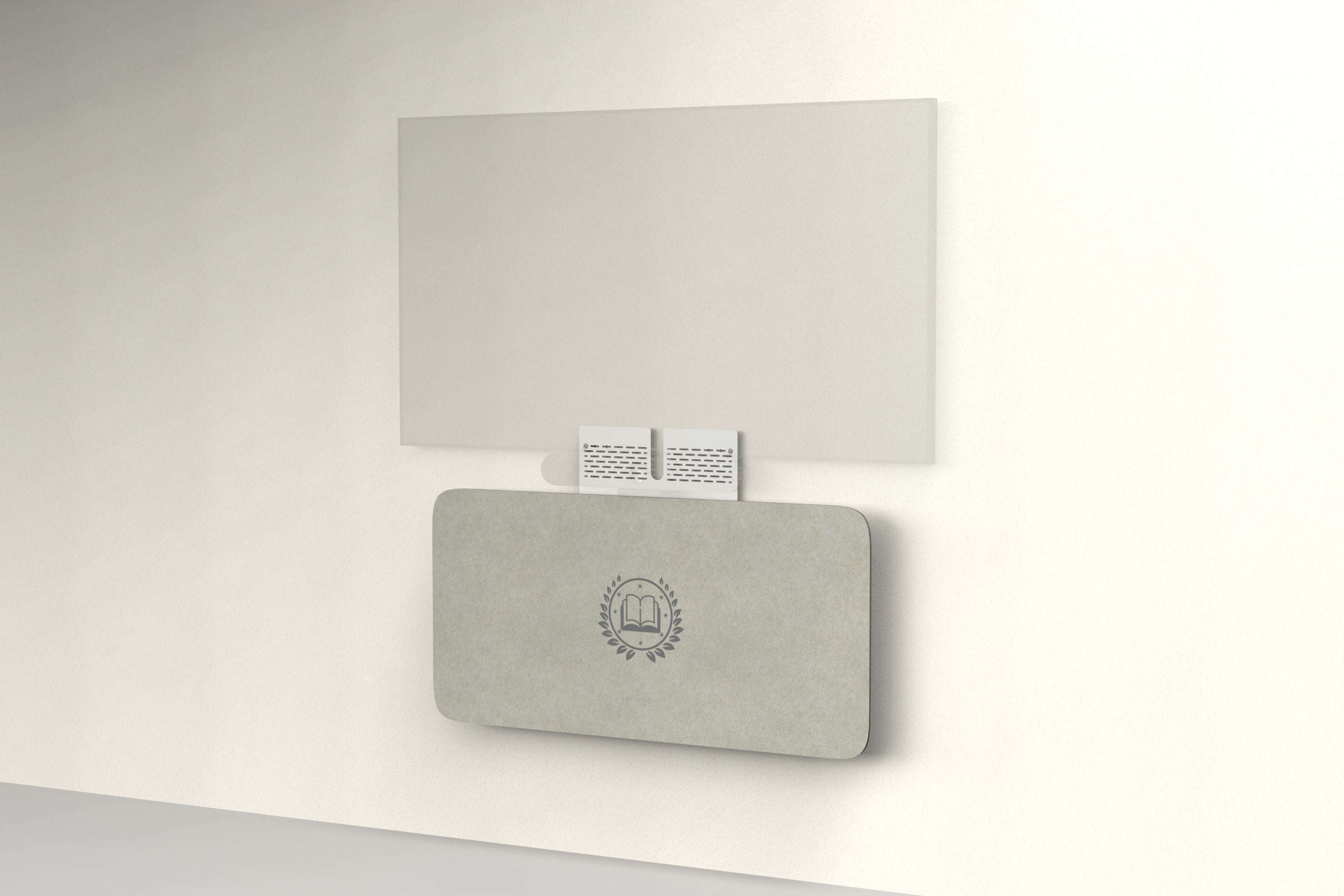 Heckler Credenza Neo in Sage with custom logo — wall-mounted AV credenza with branded sage green acoustic felt panel concealing components below a display.