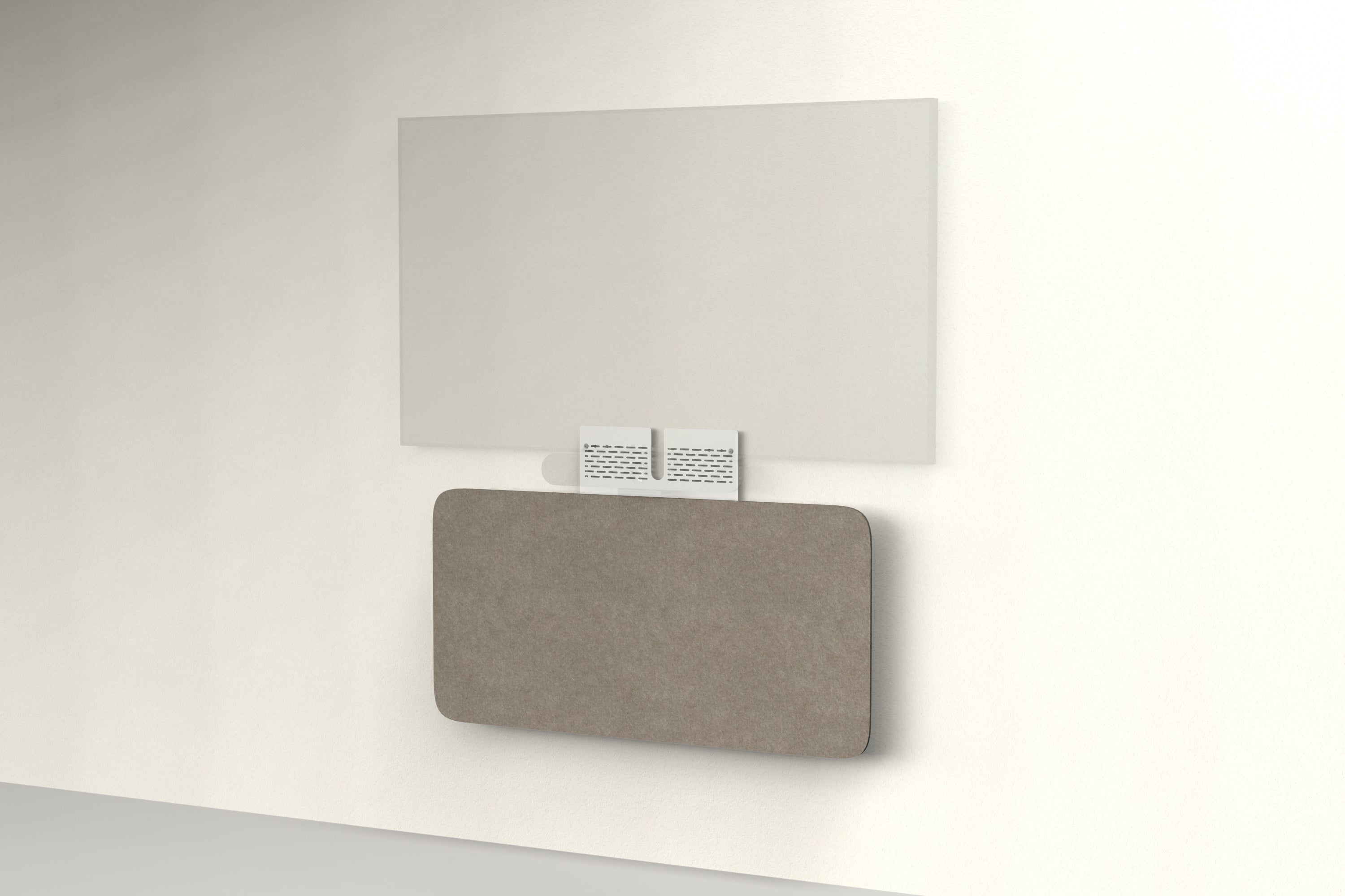 Heckler Credenza Neo in Timber — wall-mounted AV credenza with timber brown acoustic felt panel concealing components below a display.