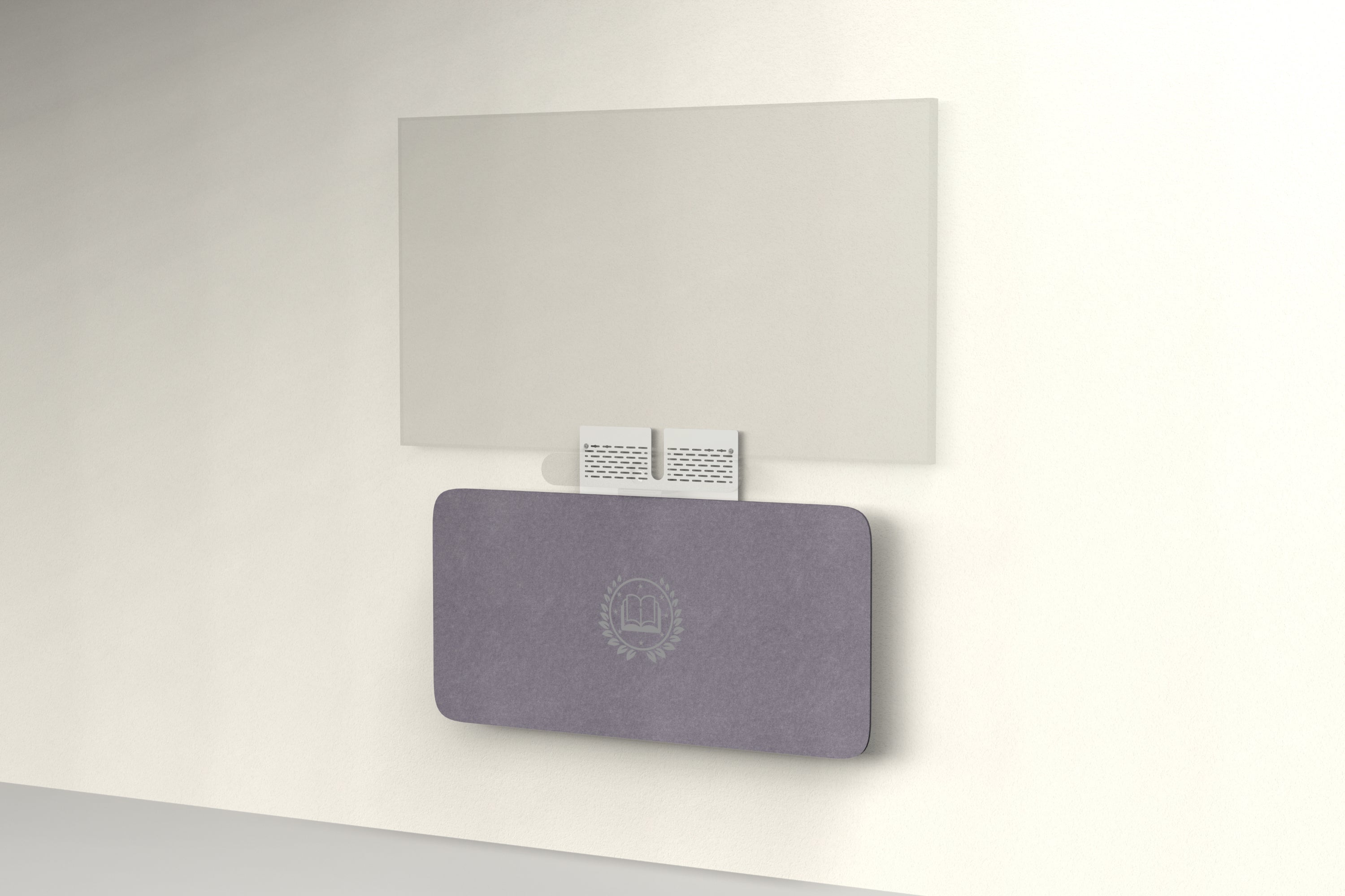 Heckler Credenza Neo in Wisteria with custom logo — wall-mounted AV credenza with branded wisteria purple acoustic felt panel concealing components below a display.