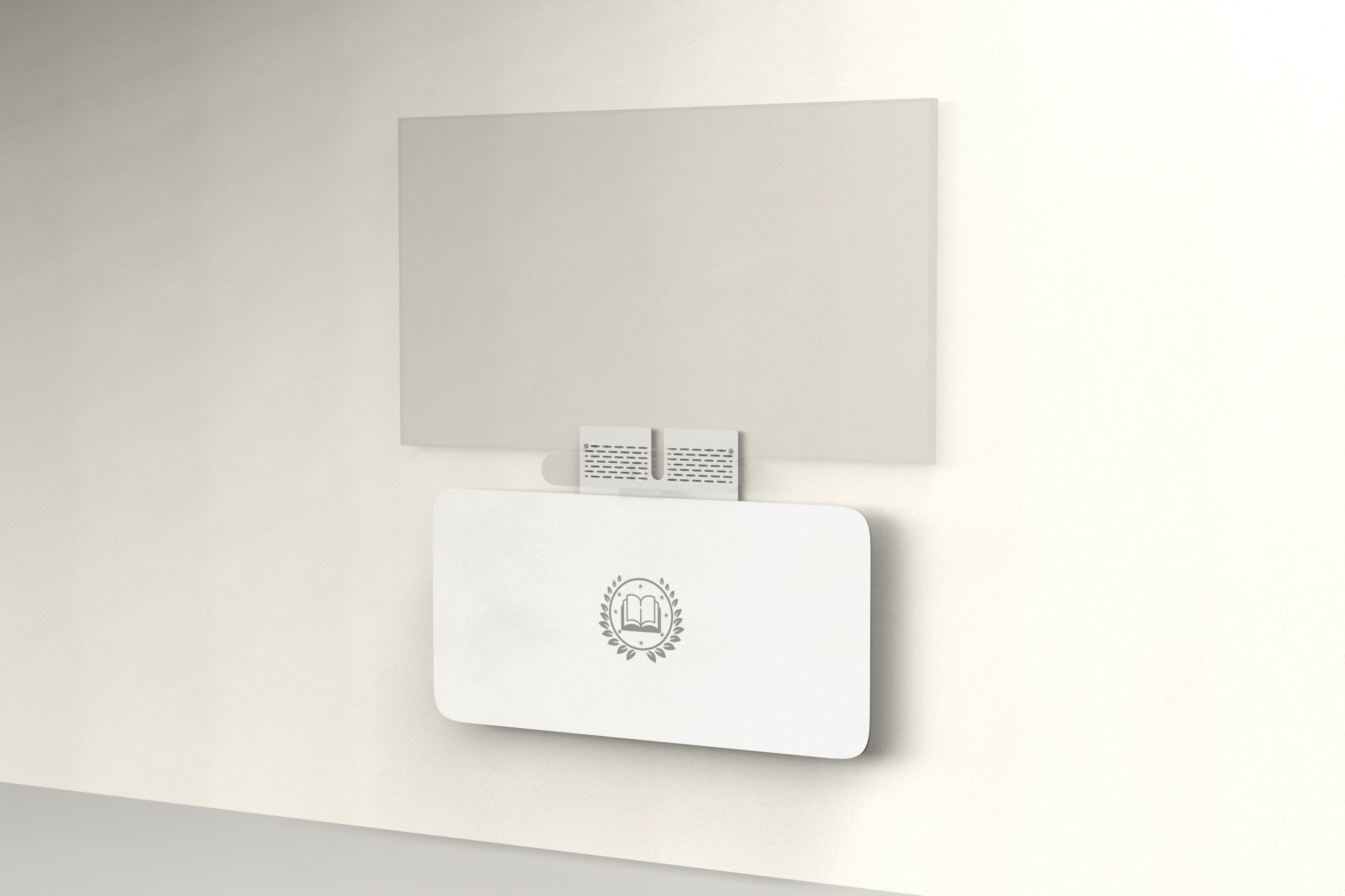 Heckler Credenza Neo in Zinc with custom logo — wall-mounted AV credenza with branded zinc gray acoustic felt panel concealing components below a display.