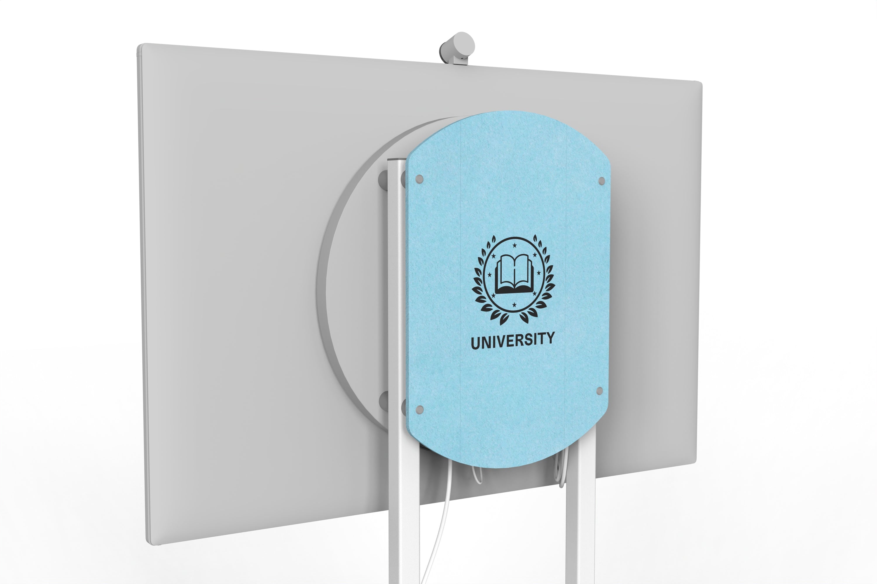 Heckler Rolling Stand for Surface Hub 3 with custom logo in Baby Blue finish.
