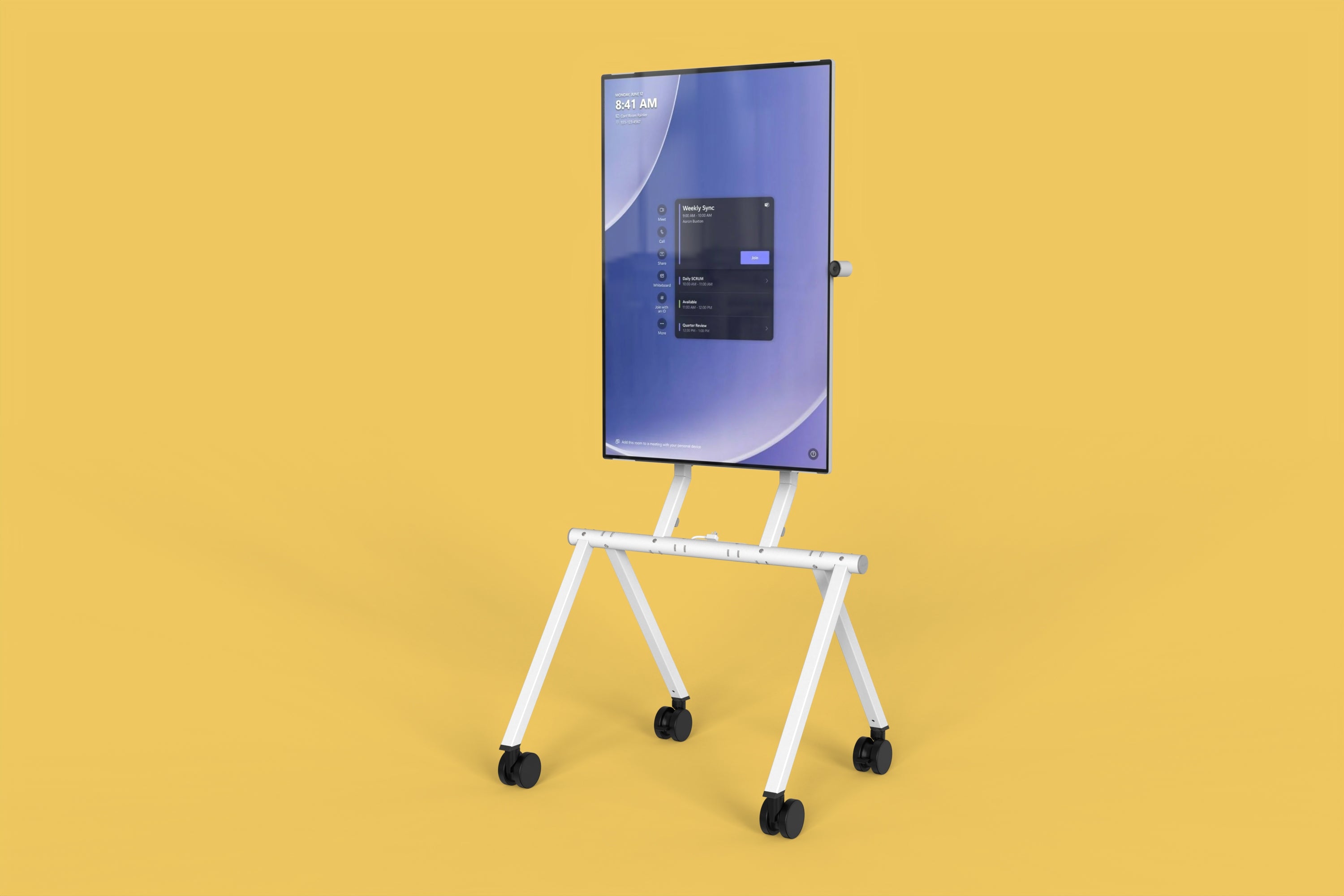 Angled front view of Heckler Rolling Stand for Surface Hub 3 with mounted display.