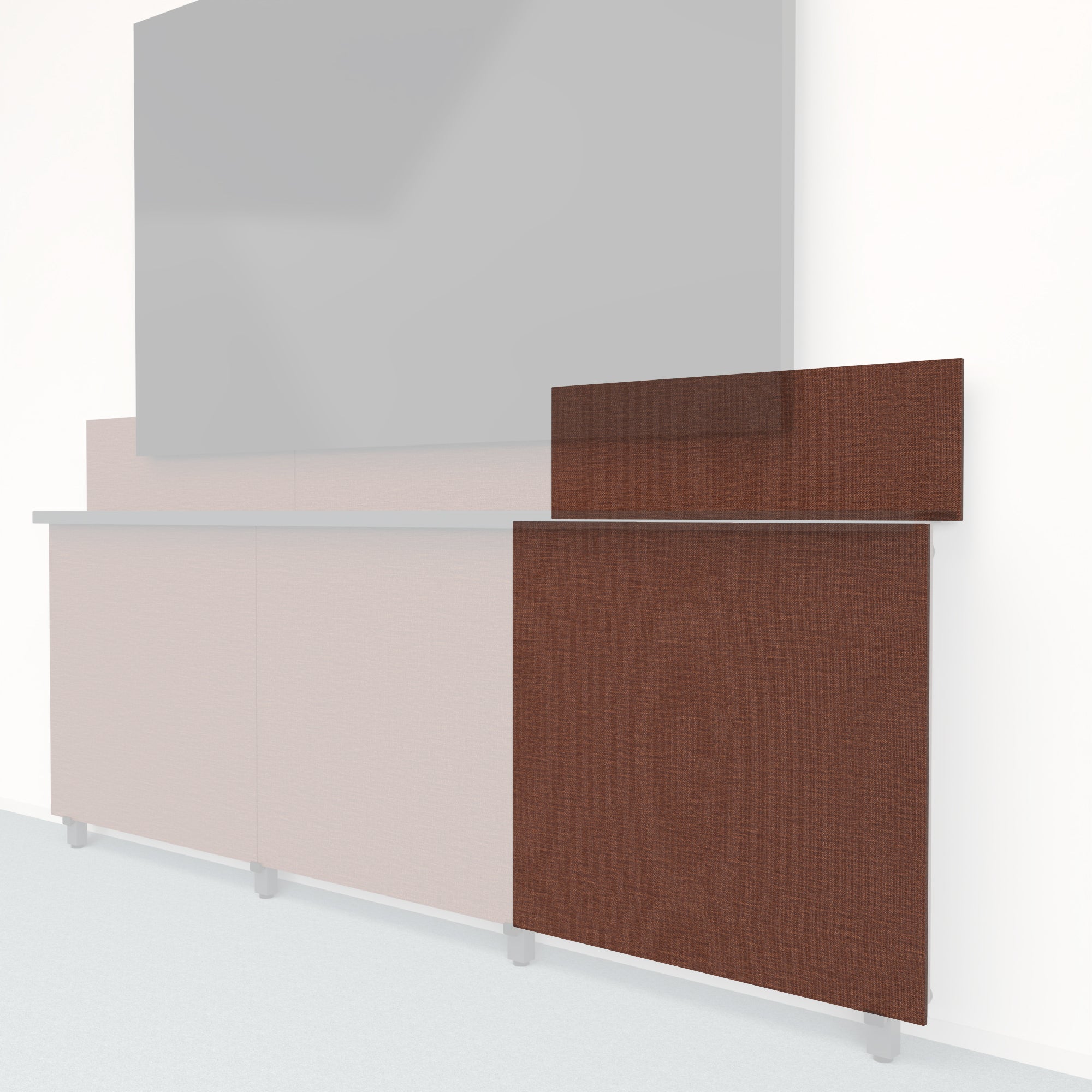 Heckler Framework Tall Outer Panel & Backsplash in Shino Maharam textile — modular textile-wrapped warm oatmeal AV wall panel for the Heckler Framework system.
