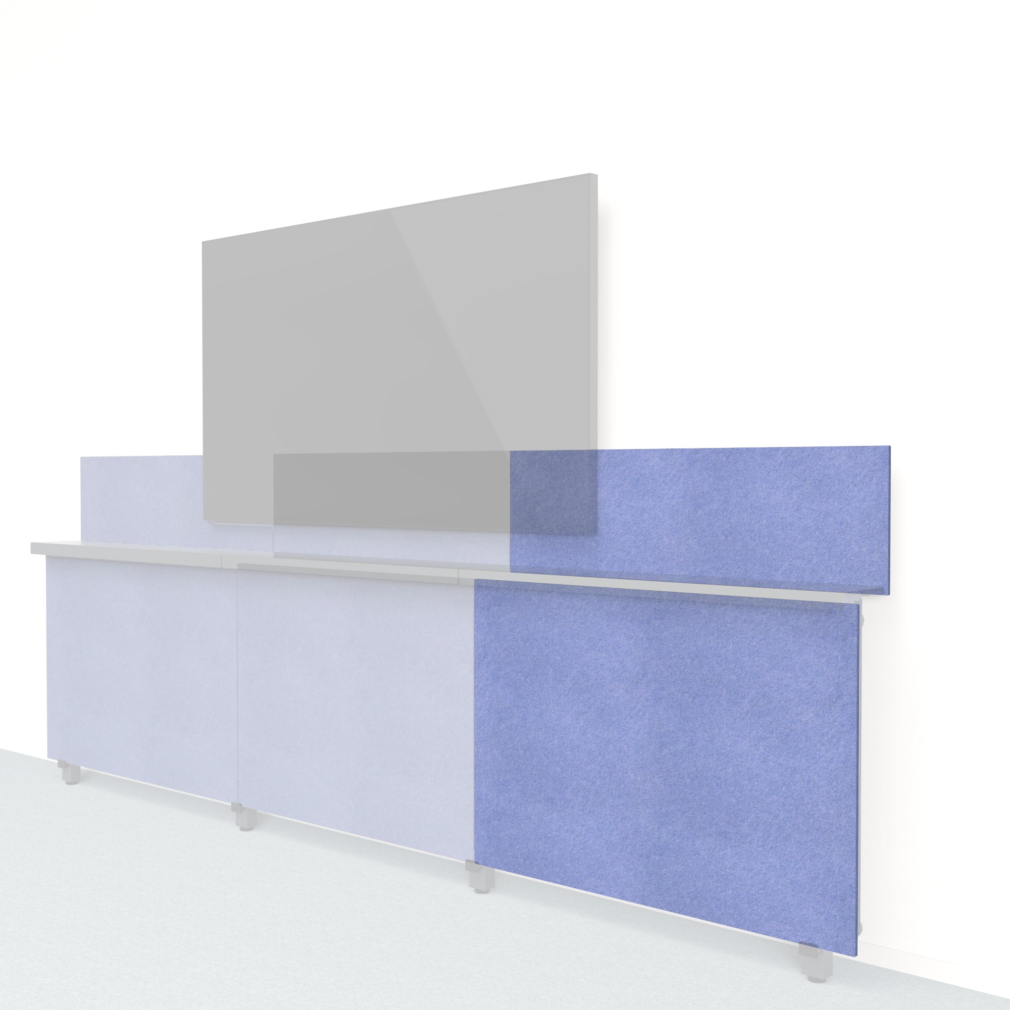 Heckler Framework Short Outer Panel & Backsplash in Periwinkle Felt Right — modular periwinkle blue PET felt AV wall panel for the Heckler Framework system.
