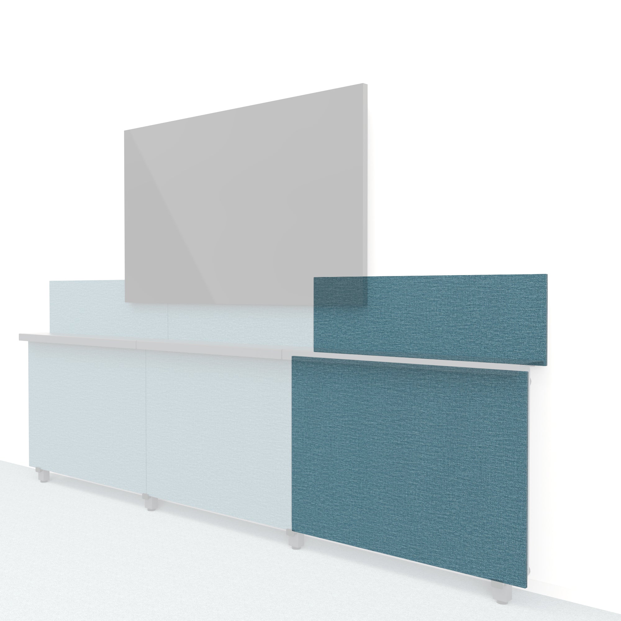 Heckler Framework Short Outer Panel & Backsplash in Thermosphere Maharam textile — modular textile-wrapped atmospheric blue AV wall panel for the Heckler Framework system.