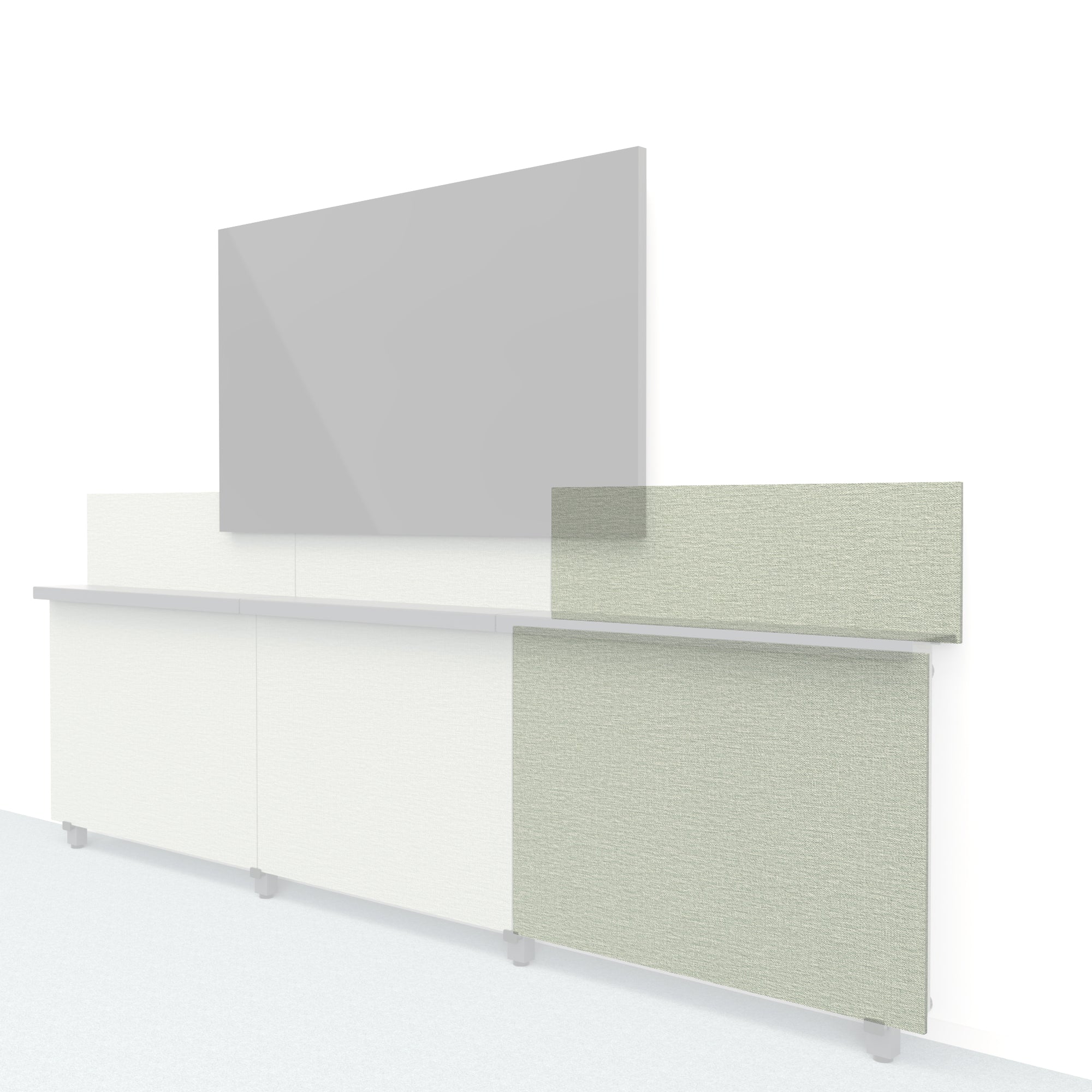 Heckler Framework Short Outer Panel & Backsplash in Green Maharam textile — modular textile-wrapped sage green AV wall panel for the Heckler Framework system.