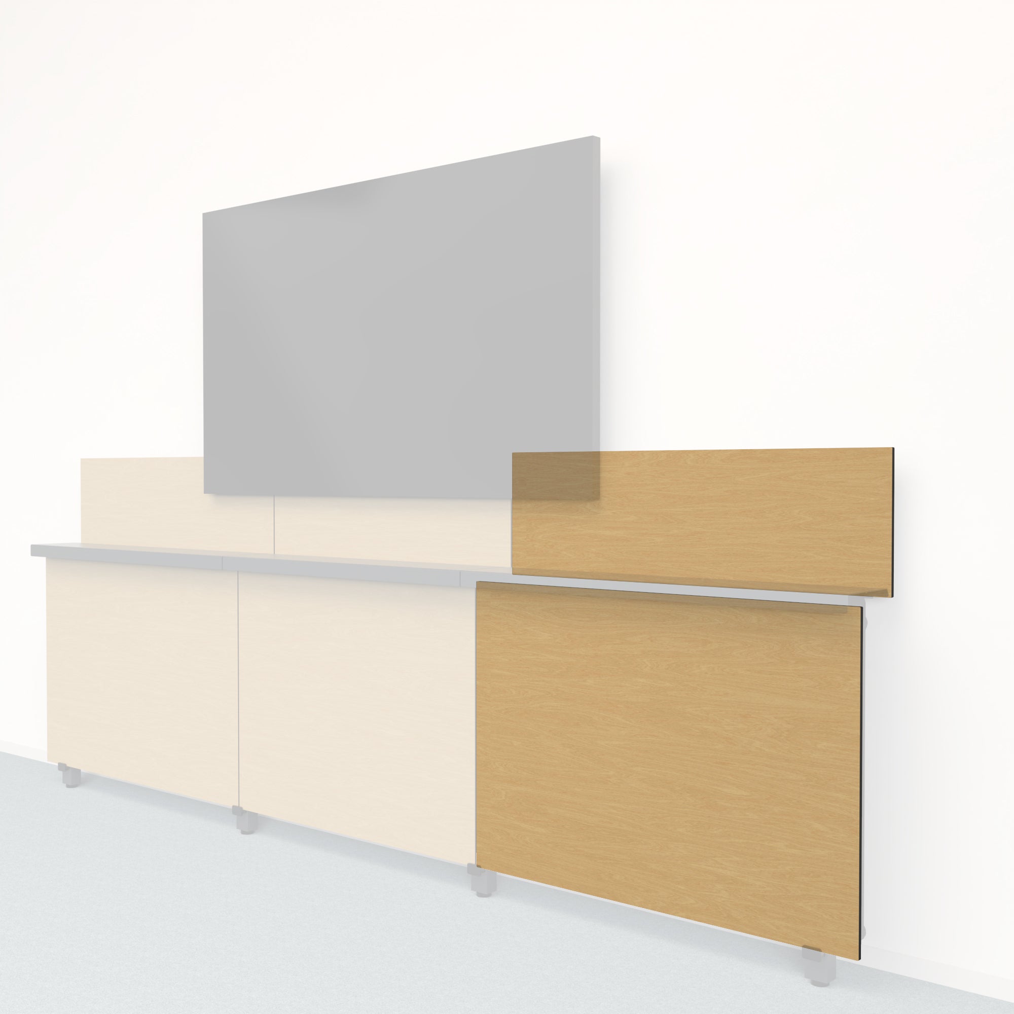 Heckler Framework Short Outer Panel & Backsplash in Modern Maple wood look — modular maple-woodgrain AV wall panel for the Heckler Framework system.