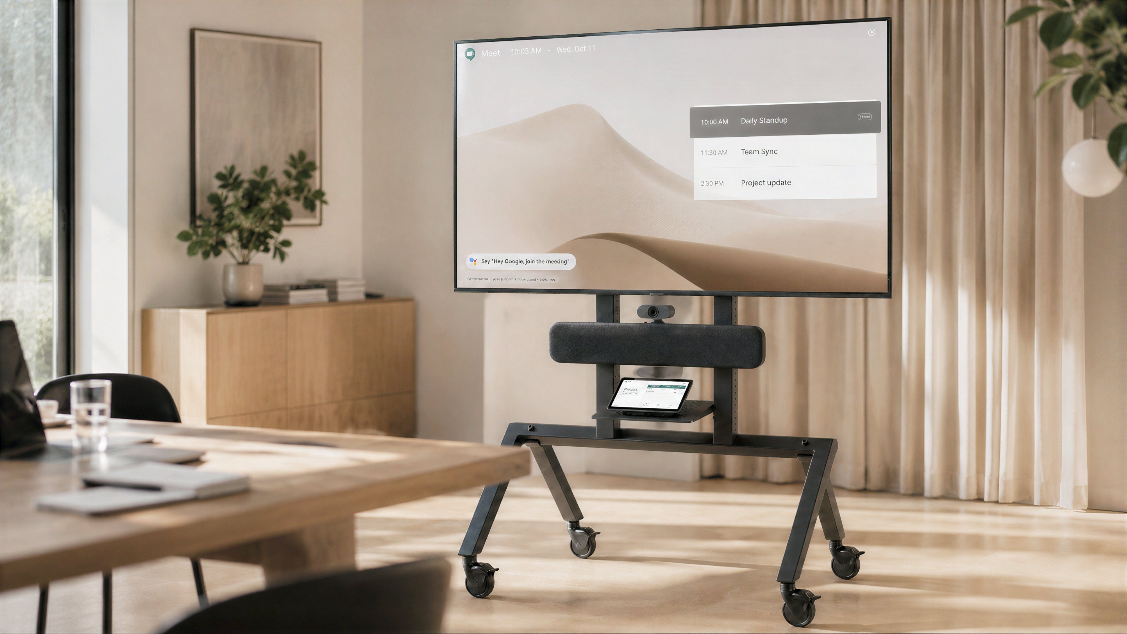 Heckler AV Cart for Google Meet Series One Room Kits in a meeting space.