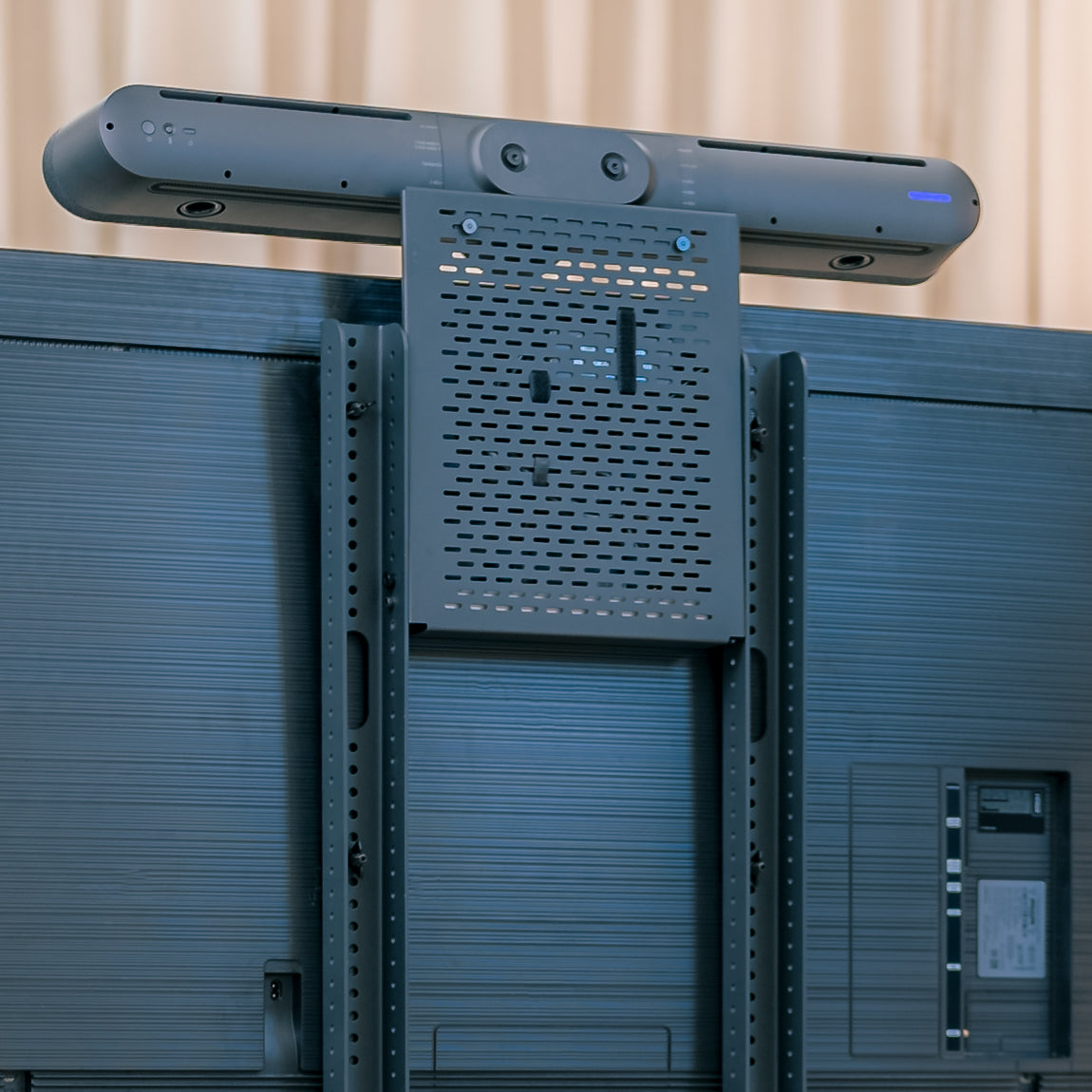 Cart Mount installed on Heckler AV Cart with Rally Bar and Device Panel — rear view