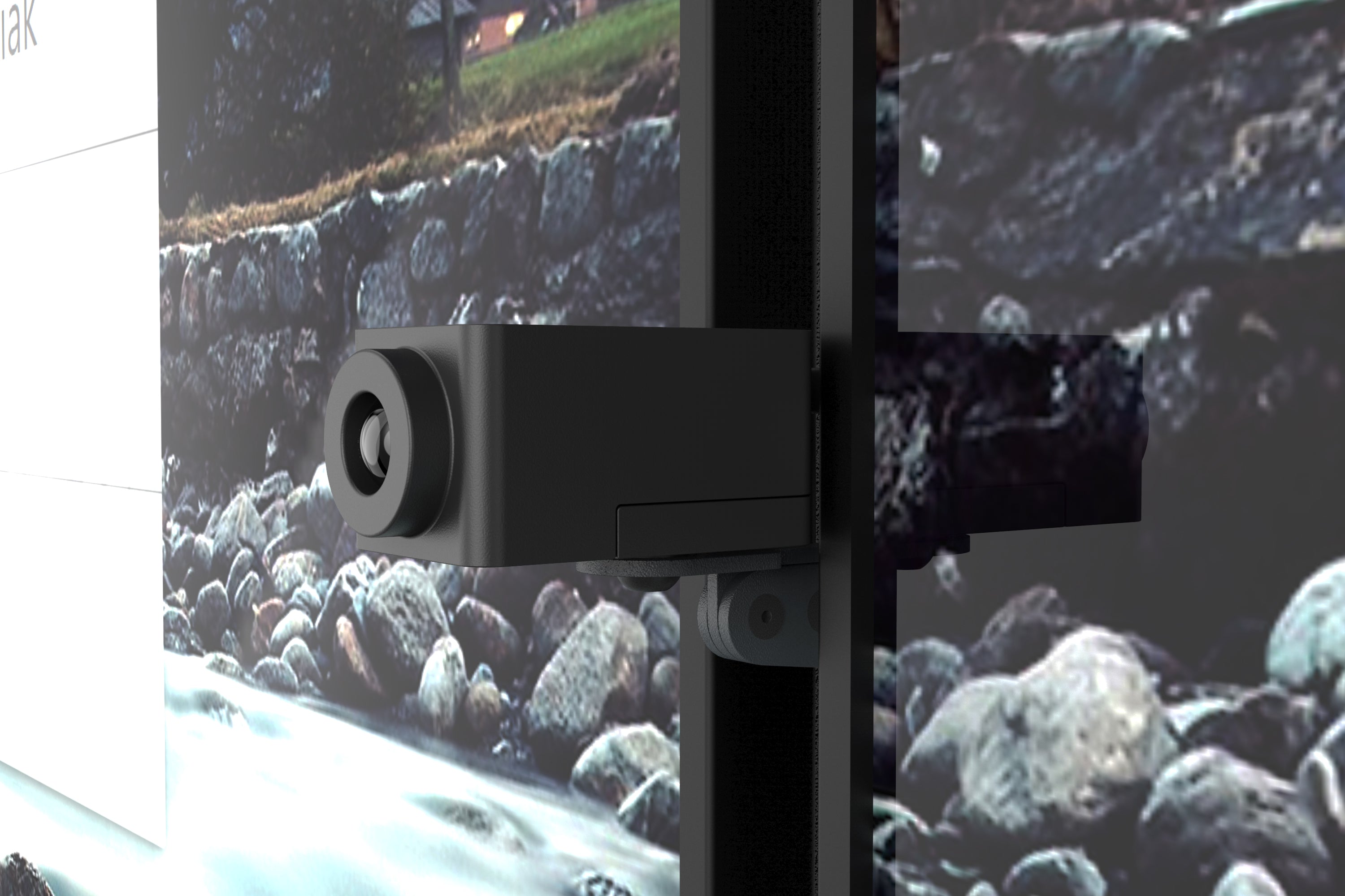Heckler Eyeline Camera Mount installed between two displays in conference room