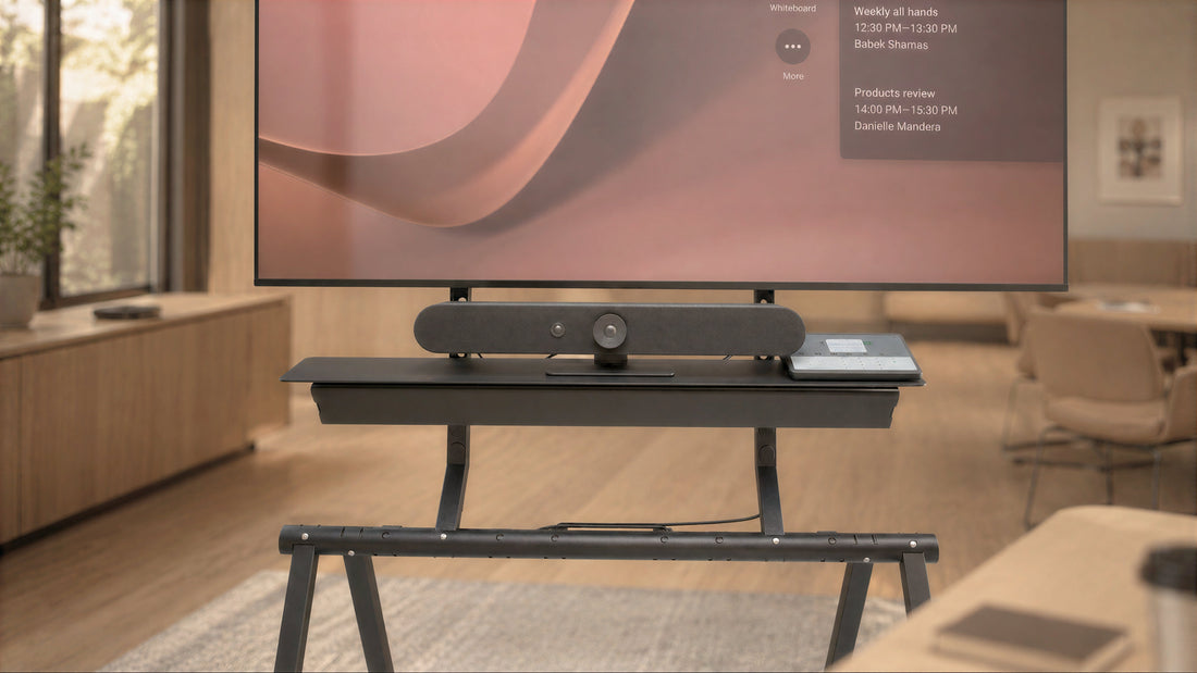 Hub for Heckler Mobile Fleet installed on a mobile display stand.